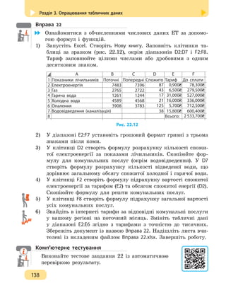 Розділ 3. Опрацювання табличних даних
138
Вправа 22
	 Ознайомитися з обчисленнями числових даних ЕТ за допомо-
гою формул і функцій.
1)	 Запустіть Excel. Створіть Нову книгу. Заповніть клітинки та-
блиці за зразком (рис. 22.12), окрім діапазонів D2:D7 і F2:F8.
Тариф заповнюйте цілими числами або дробовими з одним
десятковим знаком.
А В С D E F
1 Показники лічильників Поточні Попередні Спожито Тариф До сплати
2 Електроенергія 7483 7396 87 0,900 78,300
3 Газ 2765 2722 43 6,500 279,500
4 Гаряча вода 1261 1244 17 31,000 527,000
5 Холодна вода 4589 4568 21 16,000 336,000
6 Опалення 3908 3783 125 5,700 712,500
7 Водовідведення 38 15,800 600,400
8 Всього: 2 533,700
(каналізація)
Рис. 22.12
2)	 У діапазоні Е2:F7 установіть грошовий формат гривні з трьома
знаками після коми.
3)	 У клітинці D2 створіть формулу розрахунку кількості спожи-
тої електроенергії за показами лічильників. Скопіюйте фор-
мулу для комунальних послуг (окрім водовідведення). У D7
створіть формулу розрахунку кількості відведеної води, що
дорівнює загальному обсягу спожитої холодної і гарячої води.
4)	 У клітинці F2 створіть формулу підрахунку вартості спожитої
електроенергії за тарифом (Е2) та обсягом спожитої енергії (D2).
Скопіюйте формулу для решти комунальних послуг.
5)	 У клітинці F8 створіть формулу підрахунку загальної вартості
усіх комунальних послуг.
6)	 Знайдіть в інтернеті тарифи за відповідні комунальні послуги
у вашому регіоні на поточний місяць. Змініть табличні дані
у діапазоні Е2:Е6 згідно з тарифами з точністю до тисячних.
Збережіть документ із назвою Вправа 22. Надішліть листа вчи-
телеві із вкладеним файлом Вправа 22.xlsx. Завершіть роботу.
Комп’ютерне тестування
Виконайте тестове завдання 22 із автоматичною
перевіркою результату.
 