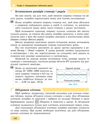 Розділ 3. Опрацювання табличних даних
140
	 Встановлення розмірів стовпців і рядків
Ви вже знаєте, що для того, щоб змінити ширину стовпця чи ви-
соту рядка, потрібно перетягувати межу між їхніми заголовками.
Якщо потрібно змінити ширину стовпця так, щоб вона збігалася
з шириною найдовшого рядка в одній із клітинок, то достатньо
двічі клацнути праву межу цього стовпця у рядку заголовків.
Щоб встановити однакову ширину кількох стовпців або висоту
кількох рядків, ці стовпці або рядки потрібно виділити, а потім пере-
тягнути одну з меж або задати потрібне значення в контекстному меню
Ширина стовпця (Висота рядка).
Висоту (ширину) виділених рядків (стовпців) можна встановити
також за допомогою відповідних команд контекстного меню.
Під час підготовки документа до друку зручно працювати в ре-
жимі Вигляд → Макет сторінки. У цьому режимі лінійки градуюються
в сантиметрах і під час перетягування чи клацання меж рядків та
стовпців їхні розміри зазначаються в сантиметрах.
Зазвичай не завжди можна встановити точні розміри рядків та
стовпців у сантиметрах, оскільки розмір об’єктів ЕТ залежить від роз-
дільної здатності монітора.
Якщо за роздільної здатності мо-
нітора 21'' 1920 × 1080 пікселів за-
дати ширину стовпця в 0,5 см, то
замість заданого значення отри-
маємо найбільш близьке до ньо-
го — 0,49 см (рис. 23.2).
	 Об’єднання клітинок
Щоб зробити, наприклад, спільний заголовок для кількох стовп-
ців таблиці, можна об’єднати кілька клітинок в одну. Для об’єднання
клітинок потрібно їх виділити і вибрати на вкладці Основне в групі
Вирівнювання кнопку Об’єднати й помістити у центрі. В об’єднаній
клітинці залишаться тільки дані клітинки, розташованої зверху зліва.
Для скасування об’єднання клітинок потрібно повторно клацнути
ту саму кнопку. При цьому необхідно пам’ятати, що дані об’єднаних
раніше клітинок не відновлюються.
1
2
піксель піксель піксель піксель
Реальний розмір
Заданий розмір
Рис. 23.2
 