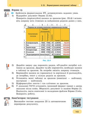 § 23.  Форматування електронної таблиці
143
Вправа 23
	 Здійснити форматування ЕТ, дотримуючись заданих умов.
1)	 Відкрийте документ Вправа 22.xlsx.
Поверніть (зорієнтуйте) написи за зразком (рис. 23.4) і встано-
віть ширину всіх стовпців за найдовшим рядком даних у них.
Рис. 23.4
2)	 Додайте зверху два порожніх рядки, об’єднайте потрібні клі-
тинки за зразком. Додайте та/або перемістіть необхідні написи
в таблиці за зразком. За потреби змініть ширину стовпців.
3)	 Вирівняйте написи по горизонталі та вертикалі й розташуйте,
де потрібно, текст у кілька рядків за зразком.
4)	 Установіть межі таблиці за зразком (зовнішні — найтовщі,
внутрішні — найтонші).
5)	 Відформатуйте тексти і тло клітинок за зразком.
6)	 У діапазоні F4:F10 установіть грошовий формат гривні з двома
знаками після коми. Збережіть документ із назвою Вправа 23.
Надішліть листа вчителеві із вкладеним файлом Вправа 23.xlsx.
Завершіть роботу.
Комп’ютерне тестування
Виконайте тестове завдання 23 із автоматичною
перевіркою результату.
 