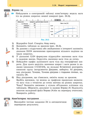 § 24.  Моделі і моделювання
149
Вправа 24
	 Побудувати в електронній таблиці комп’ютерну модель ваги
тіл на різних широтах земної поверхні (рис. 24.3).
Рис. 24.3
1)	 Відкрийте Excel. Створіть Нову книгу.
2) 	 Заповніть таблицю за зразком (рис. 24.3).
3) 	 За даними з підручника або знайденими в інтернеті заповніть
діапазон D2:D4 значеннями прискорення вільного падіння на
трьох широтах.
4) 	 У діапазоні E2:E4 формулою підрахуйте значення ваги тіла
із заданою масою. Округліть значення ваги тіла до сотих.
5) 	 Побудуйте графік залежності ваги тіла від географічної ши-
роти. Для цього виділіть значення широт і ваги разом із на-
звами (діапазон С1:С4;Е1;Е4), на вкладці Вставлення розгорніть
кнопкою групу інструментів Діаграми, виберіть: Усі діаграми,
вид діаграми: Точкова, Точкова діаграма з гладкими лініями, на-
тисніть ОК.
6) 	 Над діаграмою, що з’явилася, змініть назву за зразком.
Зробіть висновок, чи можна за графіком правильно визначи-
ти вагу тіла з точністю до сотих нютона на різних широтах.
Чому? Запишіть висновок у кілька об’єднаних клітинок під
таблицею. Збережіть документ із назвою Вправа 24. Надішліть
поштою вкладений файл Вправа 24.xlsx на перевірку вчителеві.
Завершіть роботу.
Комп’ютерне тестування
Виконайте тестове завдання 24 із автоматичною
перевіркою результату.
 