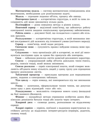 Розділ 5. Комп’ютерні публікації
156
Математична модель — система математичних співвідношень між
величинами, необхідними для розв’язування задачі.
Модель — спрощене подання об’єкта, процесу або явища.
Повторення (цикл) — алгоритмічна структура, в якій та сама по-
слідовність дій може виконатися кілька разів.
Поліморфізм — різна поведінка методу в різних класах.
Поштовий сервер — виділений комп’ютер, щo забезпечує роботу
електронної пошти завдяки спеціальному програмному забезпеченню.
Робоча книга — документ Excel, що складається з одного або кіль-
кох аркушів.
Розгалуження — алгоритмічна структура, в якій виконання пев-
ної послідовності дій залежить від істинності умови (логічного виразу).
Сервер — комп’ютер, який надає ресурси.
Синтаксис мови — сукупність правил побудови команд мови про-
грамування.
Слідування — така організація дій в алгоритмі, за якої дії вико-
нуються послідовно одна за одною без пропусків або повторень.
Спам — небажана розсилка листів зазвичай рекламного характеру.
Список — упорядкований набір об’єктів довільних типів (чисел,
рядків, списків тощо), який можна змінювати.
Список розсилки — сервіс електронної пошти, який створює мож-
ливість об’єднати певну кількість людей у єдину групу для спрощення
процесу розсилання листів.
Табличний процесор — прикладна програма для опрацювання
даних, поданих в електронних таблицях.
Тіло циклу — серія команд, які повторюються під час виконання
циклу.
Умова — запитання, сформульоване таким чином, що допускає
лише одну з двох відповідей: «так» або «ні».
Успадкування — можливість створення нового класу (нащадка)
на базі наявного (базового).
Фішинг — шахрайські методи отримання особистих даних (бан-
ківських реквізитів батьків тощо) або коштів через інтернет.
Хмарний диск — сховище даних, розташоване на віддаленому
сервері.
Хмарні сервіси — сервіси, пов’язані з наданням користувачам по-
стійного доступу до віддалених інтернет-ресурсів (серверів, додатків,
сховищ тощо).
 