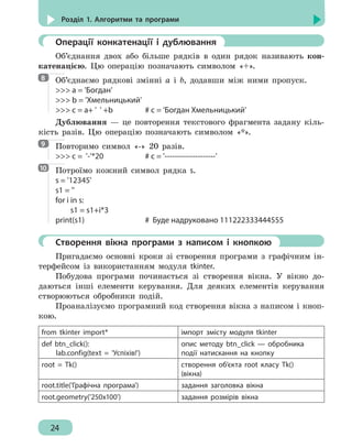 24
Розділ 1. Алгоритми та програми
	 Операції конкатенації і дублювання
Об’єднання двох або більше рядків в один рядок називають кон-
катенацією. Цю операцію позначають символом «+».
Об’єднаємо рядкові змінні а і b, додавши між ними пропуск.
 a = 'Богдан'
 b = 'Хмельницький'
 c = a+ ' ' +b			 # c = 'Богдан Хмельницький'
Дублювання — це повторення текстового фрагмента задану кіль-
кість разів. Цю операцію позначають символом «*».
Повторимо символ «-» 20 разів.
 с = '-'*20			 # c = '--------------------'
Потроїмо кожний символ рядка s.
s = '12345'
s1 = ''
for i in s:
	 s1 = s1+i*3
print(s1)					 # Буде надруковано 111222333444555
	 Створення вікна програми з написом і кнопкою
Пригадаємо основні кроки зі створення програми з графічним ін-
терфейсом із використанням модуля tkinter.
Побудова програми починається зі створення вікна. У вікно до-
даються інші елементи керування. Для деяких елементів керування
створюються обробники подій.
Проаналізуємо програмний код створення вікна з написом і кноп-
кою.
from tkinter import* імпорт змістy модуля tkinter
def btn_click():
lab.config(text = 'Успіхів!')
опис методу btn_click — обробника
події натискання на кнопку
root = Tk() створення об’єкта root класу Tk()
(вікна)
root.title('Графічна програма') задання заголовка вікна
root.geometry('250x100') задання розмірів вікна
8
9
10
 