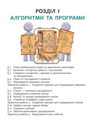 § 1.
	
Етапи розв’язування задачі за допомогою комп’ютера
§ 2.
	
Величини. Алгоритми роботи з величинами
§ 3.
	
Створення алгоритмів і програм із розгалуженнями
та повтореннями
§ 4.
	
Рядки як послідовності символів
§ 5.
	
Опрацювання рядкових величин
Практична робота 1.
	
Створення програм для опрацювання рядкових
величин
§ 6.
	
Списки — змінювані послідовності
§ 7.
	
Опрацювання елементів списку
§ 8.
	
Функції та методи опрацювання списків
§ 9.
	
Створення інтерфейсу користувача
Практична робота 2.
	
Створення програм для опрацювання списків
§ 10.
	
Графічні методи модуля tkinter
§ 11.
	
Створення анімації
§ 12.	 Об’єктно-орієнтоване програмування
Практична робота 3.
	
Моделювання руху об’єктів
РОЗДІЛ 1
АЛГОРИТМИ ТА ПРОГРАМИ
 