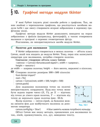 54
Розділ 1. Алгоритми та програми
§ 10.  Графічні методи модуля tkinter
У мові Python існують різні способи роботи з графікою. Так, ви
вже знайомі з черепашачою графікою, що реалізується засобами мо-
дуля turtle і дає змогу створювати яскраві зображення в окремому гра-
фічному вікні.
Графічні методи модуля tkinter дозволяють виводити на екран
зображення з файлів (наприклад, фотографії), а також створювати
малюнки в програмі з окремих геометричних фігур.
Розглянемо, як використовуються засоби модуля tkinter.
	 Полотно для малювання
У tkinter зображення створюється в межах полотна — об’єкта класу
Canvas, який теж входить до модуля tkinter. Тому, перш ніж записувати
оператори для малювання, потрібно створити полотно.
Синтаксис створення об’єкта класу Canvas:
змінна = Canvas(батьківський віджет, width = ширина,
height = висота)
де width — ширина полотна; height — його висота, виражені в пікселях.
Створимо полотно розміром 500 × 500 пікселів:
from tkinter import*
root = Tk()
canvas = Canvas(root, width = 500, height = 500)
canvas.pack()
Для задавання положення точок на полотні
використовують координати. Будь-яка точка може
бути задана парою чисел (X, Y), де Х — відстань
від точки до лівого краю полотна, Y — відстань від
точки до верхнього краю полотна (рис. 10.1).
Колір полотна — світло-сірий, за бажання мож-
на змінити фон для майбутнього малюнка за допо-
могою оператора
canvas.config(bg = 'blue')		 # blue замініть назвою потрібного кольору
Об’єкт Canvas має низку методів, призначених для малювання то-
чок, ліній, прямокутників, кіл, дуг, виведення тексту.
1
(500, 500)
(0, 0)
x
y
P(x, y)
Рис. 10.1
 
