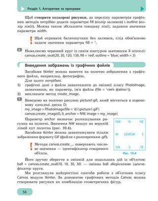 56
Розділ 1. Алгоритми та програми
Щоб створити кольорові рисунки, до переліку параметрів графіч-
них методів потрібно додати параметри fill (колір заливки) і outline (ко-
лір лінії). Можна також збільшити товщину лінії, задавши значення
параметра width.
Щоб отримати багатокутник без заливки, слід обов’язково
задати значення параметра fill = ''.
Намалюємо червоний круг із синім контуром завтовшки 3 пікселі:
canvas.create_oval(20, 30, 120, 130, fill = 'red', outline = 'blue', width = 3)
	 Виведення зображень із графічних файлів
Засобами tkinter можна вивести на полотно зображення з графіч-
ного файла, наприклад, фотографію.
Для цього потрібно:
1) 	 графічні дані з файла завантажити до змінної класу PhotoImage,
зазначивши, як параметр, ім'я файла (file = 'ім’я файла');
2) 	 викликати метод create_image.
Виведемо на полотно рисунок picture1.gif, який міститься в корене-
вому каталозі диска D:
my_image = PhotoImage(file = 'd:picture1.gif')
canvas.create_image(0, 0, anchor = NW, image = my_image)
Параметр anchor визначає розташування ри-
сунка на полотні. Значення NW вказує на верхній
лівий кут полотна (рис. 10.4).
Засобами tkinter можна завантажувати тільки
зображення формату GIF (файли з розширенням .gif).
Методи canvas.create_... повертають число-
ве значення — ідентифікатор створеного
об’єкта.
Його зручно зберегти в змінній для подальших дій із об’єктом:
ball = canvas.create_oval(10, 10, 30, 30) — змінна ball зберігатиме іденти-
фікатор круга.
Ми розглянули найпростіші способи роботи з об'єктами класу
Canvas модуля tkinter. За допомогою графічних методів Canvas можна
створювати рисунки як комбінацію геометричних фігур.
6
7
W ECENTER
NW NEN
SW SES
Рис. 10.4
 