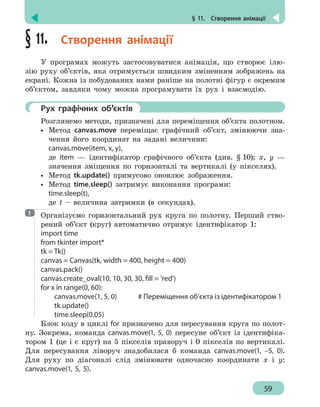 § 11.  Створення анімації
59
§ 11.  Створення анімації
У програмах можуть застосовуватися анімація, що створює ілю-
зію руху об’єктів, яка отримується швидким зміненням зображень на
екрані. Кожна із побудованих нами раніше на полотні фігур є окремим
об’єктом, завдяки чому можна програмувати їх рух і взаємодію.
	 Рух графічних об’єктів
Розглянемо методи, призначені для переміщення об’єкта полотном.
•• Метод canvas.move переміщає графічний об’єкт, змінюючи зна-
чення його координат на задані величини:
canvas.move(item, x, y),
де item — ідентифікатор графічного об’єкта (див. § 10); x, y —
значення зміщення по горизонталі та вертикалі (у пікселях).
•• Метод tk.update() примусово оновлює зображення.
•• Метод time.sleep() затримує виконання програми:
time.sleep(t),
де t – величина затримки (в секундах).
Організуємо горизонтальний рух круга по полотну. Перший ство-
рений об’єкт (круг) автоматично отримує ідентифікатор 1:
import time
from tkinter import*
tk = Tk()
canvas = Canvas(tk, width = 400, height = 400)
canvas.pack()
canvas.create_oval(10, 10, 30, 30, fill = 'red')
for x in range(0, 60):
	 canvas.move(1, 5, 0)		 # Переміщення об’єкта із ідентифікатором 1
	tk.update()
	time.sleep(0.05)
Блок коду в циклі for призначено для пересування круга по полот-
ну. Зокрема, команда canvas.move(1, 5, 0) пересуне об’єкт із ідентифіка-
тором 1 (це і є круг) на 5 пікселів праворуч і 0 пікселів по вертикалі.
Для пересування ліворуч знадобилася б команда canvas.move(1, –5, 0).
Для руху по діагоналі слід змінювати одночасно координати х і у:
canvas.move(1, 5, 5).
1
 