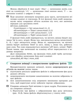 § 11.  Створення анімації
61
Можна обробляти й інші події: 'Key' — натискання якоїсь кла-
віші на клавіатурі; '1' — натискання лівої кнопки миші, '5' — на-
тискання клавіші з цифрою 5 тощо.
Буде цікавіше змінювати напрямок руху круга, застосовуючи всі
чотири клавіші зі стрілками. В тілі функції move_oval() запрогра-
муємо зміну координат об’єкта залежно від того, яке значення
передане для аргумента event:
def move_oval(event):
	 if event.keysym == 'Up': canvas.move(1, 0, –3)
	 elif event.keysym == 'Down': canvas.move(1, 0, 3)
	 elif event.keysym == 'Left': canvas.move(1, –3, 0)
	 elif event.keysym == 'Right': canvas.move(1, 3, 0)
У функції move_oval() перевіряється, чи містить змінна keysym зна-
чення 'Up' (з англ. вгору). Якщо так, викликається метод canvas.move(1,
0, –3), і круг зміщується вгору. Якщо ні, перевіряється, чи містить
змінна keysym значення 'Down' (з англ. вниз), і, якщо так, робиться
крок униз. Так само опрацьовується значення 'Left' (англ. вліво) і 'Right'.
Таким чином, при натисканні на клавішу об’єкт пересувається в за-
даному напрямку.
Далі повідомимо tkinter, що функцію move_oval() треба застосову-
вати для обробки натискання будь-якої клавіші:
canvas.bind_all('Key', move_oval)
	 Створення анімації з використанням графічних файлів
Використовуючи принцип анімації, можна запрограмувати рух
об’єктів на полотні таким чином.
1)	 підготувати декілька графічних файлів із зображеннями фаз руху
деякого об’єкта;
2)	 запрограмувати послідовне завантаження на полотно зображень із
цих файлів;
3)	 між завантаженнями слід затримати виконання програми для
того, щоб користувач встиг побачити чергове зображення.
Створимо анімацію Політ метелика із трьох кадрів. Розглянемо кро-
ки створення анімації.
1.	 Підготуємо три файли з зображеннями фаз руху метелика
(рис. 11.2). Імена файлів зберігатимуться у списку anim.
3
4
 