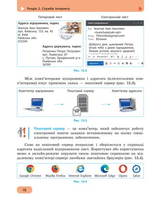 Розділ 2. Служби інтернету
78
Адреса відправника, індекс
Іванчук Іван Іванович
вул. Київська, 123, кв. 45
м. Київ
Київська обл.
012345
Адреса держувача, індекс
Петренко Петро Петрович
вул. Львівська, 67
с. Лугове, Бродівський р-н
Львівська обл.
56789
Паперовий лист
Від Іванчук Іван Іванович
Ivanchuk@ukr.net
Кому Petrenko@gmail.com
Тема Вітання
Доброго дня, шановний Петре,
вітаю тебе з днем народження,
бажаю успіхів, міцного здоров’я
Електронний лист
Рис. 13.2
Між комп’ютерами відправника і адресата (клієнтськими ком-
п’ютерами) існує проміжна ланка — поштовий сервер (рис. 13.3).
Комп’ютер відправника Поштовий сервер Комп’ютер адресата
Рис. 13.3
Поштовий сервер — це комп’ютер, який забезпечує роботу
електронної пошти завдяки встановленому на ньому спеці-
альному програмному забезпеченню.
Саме на поштовий сервер потрапляє і зберігається у скриньці
адресата надісланий відправником лист. Користувач або користувачка
може в онлайн-режимі керувати своєю поштовою скринькою на від-
даленому комп’ютері-сервері засобами звичайних браузерів (рис. 13.4).
Google Chrome Mozilla Firefox Internet Explorer Microsoft Edge Opera Safari
Рис. 13.4
 