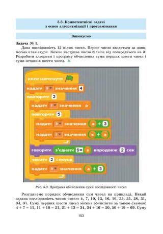 153
5.3. Компетентнісні задачі
з основ алгоритмізації і програмування
Виконуємо
Задача № 1.
Дана послідовність 12 цілих чисел. Перше число вводиться за допо-
могою клавіатури. Кожне наступне число більше від попереднього на 3.
Розробити алгоритм і програму обчислення суми перших шести чисел і
суми останніх шести чисел.
Рис. 5.3. Програма обчислення суми послідовності чисел
Розглянемо порядок обчислення сум чисел на прикладі. Нехай
задана послідовність таких чисел: 4, 7, 10, 13, 16, 19, 22, 25, 28, 31,
34, 37. Суму перших шести чисел можна обчислити за такою схемою:
4 + 7 = 11, 11 + 10 = 21, 21 + 13 = 34, 34 + 16 = 50, 50 + 19 = 69. Суму
 