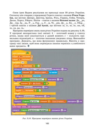 160
Свою ідею Вадим реалізував на прикладі назв 10 річок України.
Спочатку він створив у середовищі Скретч список з назвою Річки Укра-
їни, що містив: Дніпро, Дністер, Ірпінь, Рось, Горинь, Сейм, Тетерів,
Десна, Хорол, Уборть. Потім – список з назвою Неповні назви: Дн__ро,
Дн__тер, Ір__нь, Р__ь, Гор__ь, С__м, Те__рів, Де__а, Хо__л, Убор__
і третій список з назвою Дві букви, що містив: іп, іс, пі, ос, ин, ей,
те, сн, ро, ть.
Програма перевірки знань назв річок України подана на рисунку 5.10.
У програмі використано такі змінні: k – поточний номер у списку
річки, назва якої аналізується у даний момент; с  – кількість пра-
вильних відповідей; а – поточне значення уведених літер. Виконайте
програму. Доведіть, що вона функціонує правильно. Внесіть у про-
граму такі зміни, щоб вона перевіряла знання термінів з улюбленого
вами предмета.
Рис. 5.10. Програма перевірки знання річок України
 