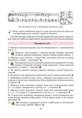 23
Рис. 2.2. Нотний запис і принципова електрична схема
Отже, кожна предметна галузь не лише має різні об’єкти вивчення,
а використовує різні способи і засоби їх описання.
Способи описання моделей в кожній предметній галузі різні, пристосо-
вані саме для найбільш ефективного використання об’єктів дослідження.
Перевіряємо себе
1. Наведіть приклади моделей, які ви використовуєте у повсякденному
житті.
2. Моделлю якого процесу є розклад уроків? Подайте приклади
подібних моделей, обговоріть, навіщо потрібні подібні моделі.
3. Моделлю якого об’єкта є глобус? Які властивості об’єкта на ньому
відтворено, а якими – знехтувано?
4. Чим відрізняється електронний документ від паперового? У якому
випадку паперовий документ може вважатися тільки моделлю
паперового, а в якому – навпаки?
5. Чи можна вважати моделлю правило переходу вулиці? Поясніть,
чому.
6. На уроках яких предметів ви найчастіше маєте справу з моделями?
7. Порівняйте значення слова «коло» у виразах: коло друзів, коло спіл-
кування і площа кола, діаметр кола. Яким предметним галузям належать
ці вирази?
8. Моделлю якого реального процесу може бути математичний вираз
y = v∙x, якщо v вимірюється у км/год, а x – у годинах?
9. Моделлю якого реального процесу може бути математичний вираз
y = a∙x – b∙x, якщо a i b вимірюються у дм3
/хв, а x – у хвилинах?
10. У результаті щодобових вимірювань денної і нічної температур про-
тягом місяця отримали набір даних. У якій формі краще за все подати
цей набір?
11. Що спільного у паперового літачка і найбільшого в світі вантаж-
ного літака АН-225 «Мрія»?
 