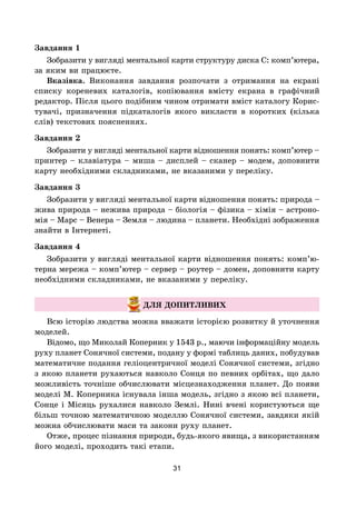 31
Завдання 1
Зобразити у вигляді ментальної карти структуру диска С: комп’ютера,
за яким ви працюєте.
Вказівка. Виконання завдання розпочати з отримання на екрані
списку кореневих каталогів, копіювання вмісту екрана в графічний
редактор. Після цього подібним чином отримати вміст каталогу Корис-
тувачі, призначення підкаталогів якого викласти в коротких (кілька
слів) текстових поясненнях.
Завдання 2
Зобразити у вигляді ментальної карти відношення понять: комп’ютер –
принтер – клавіатура – миша – дисплей – сканер – модем, доповнити
карту необхідними складниками, не вказаними у переліку.
Завдання 3
Зобразити у вигляді ментальної карти відношення понять: природа –
жива природа – нежива природа – біологія – фізика – хімія – астроно-
мія – Марс – Венера – Земля – людина – планети. Необхідні зображення
знайти в Інтернеті.
Завдання 4
Зобразити у вигляді ментальної карти відношення понять: комп’ю­
тер­на мережа – комп’ютер – сервер – роутер – домен, доповнити карту
необхідними складниками, не вказаними у переліку.
ДЛЯ ДОПИТЛИВИХ
Всю історію людства можна вважати історією розвитку й уточнення
моделей.
Відомо, що Миколай Коперник у 1543 р., маючи інформаційну модель
руху планет Сонячної системи, подану у формі таблиць даних, побудував
математичне подання геліоцентричної моделі Сонячної системи, згідно
з якою планети рухаються навколо Сонця по певних орбітах, що дало
можливість точніше обчислювати місцезнаходження планет. До появи
моделі М. Коперника існувала інша модель, згідно з якою всі планети,
Сонце і Місяць рухалися навколо Землі. Нині вчені користуються ще
більш точною математичною моделлю Сонячної системи, завдяки якій
можна обчислювати маси та закони руху планет.
Отже, процес пізнання природи, будь-якого явища, з використанням
його моделі, проходить такі етапи.
 
