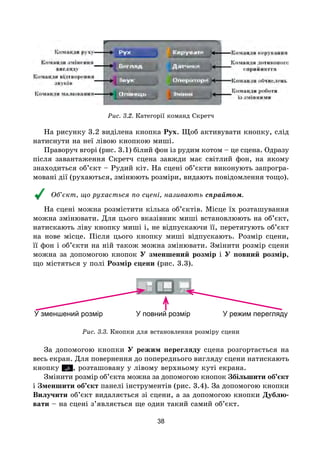 38
Рис. 3.2. Категорії команд Скретч
На рисунку 3.2 виділена кнопка Рух. Щоб активувати кнопку, слід
натиснути на неї лівою кнопкою миші.
Праворуч вгорі (рис. 3.1) білий фон із рудим котом – це сцена. Одразу
після завантаження Скретч сцена завжди має світлий фон, на якому
знаходиться об’єкт – Рудий кіт. На сцені об’єкти виконують запрогра-
мовані дії (рухаються, змінюють розміри, видають повідомлення тощо).
Об’єкт, що рухається по сцені, називають спрайтом.
На сцені можна розмістити кілька об’єктів. Місце їх розташування
можна змінювати. Для цього вказівник миші встановлюють на об’єкт,
натискають ліву кнопку миші і, не відпускаючи її, перетягують об’єкт
на нове місце. Після цього кнопку миші відпускають. Розмір сцени,
її фон і об’єкти на ній також можна змінювати. Змінити розмір сцени
можна за допомогою кнопок У зменшений розмір і У повний розмір,
що містяться у полі Розмір сцени (рис. 3.3).
У зменшений розмір	 У повний розмір	 У режим перегляду
Рис. 3.3. Кнопки для встановлення розміру сцени
За допомогою кнопки У режим перегляду сцена розгортається на
весь екран. Для повернення до попереднього вигляду сцени натискають
кнопку  , розташовану у лівому верхньому куті екрана.
Змінити розмір об’єкта можна за допомогою кнопок Збільшити об’єкт
і Зменшити об’єкт панелі інструментів (рис. 3.4). За допомогою кнопки
Вилучити об’єкт видаляється зі сцени, а за допомогою кнопки Дублю-
вати – на сцені з’являється ще один такий самий об’єкт.
 