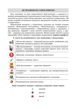 4
ЯК ПРАЦЮВАТИ З ЦІЄЮ КНИГОЮ
Для навчання за цим підручником обов’язковою є наявність у
вашому розпорядженні персонального комп’ютера. Бажано також під-
ключити до цього комп’ютера пристрої, які описано в підручнику. На
ньому потрібно встановити комплект програмних засобів, які описано
в підручнику.
Навчальний матеріал у підручнику поділено на чотири основні
розділи: «Електронне листування», «Моделювання», «Алгоритми з
повторенням і розгалуженням», «Опрацювання даних у таблицях» і
два додаткові, перший з яких містить компетентнісні задачі, а дру-
гий – завдання для навчальних проектів. Кожен розділ містить кілька
параграфів. Нові терміни в параграфах надруковано жирним шрифтом.
У тексті ви зустрічатимете такі позначення і підзаголовки
«Це ви вже знаєте» – короткий виклад знань, необхідних для
засвоєння матеріалу розділу або параграфа
«Що вивчатимемо» – під цим заголовком, на початку кожного
розділу і параграфа, подано короткий перелік того, чого ви
навчитеся, засвоївши матеріал розділу
«Важливе положення. Бажано запам’ятати»
«Зверніть особливу увагу»
«Для допитливих» – додаткові відомості
«Словничок» – тлумачення термінів, які використовуються
в розділі
Рекомендується виконати (обговорити) в колективі
Рекомендується виконати вдома
Рівні складності завдань і запитань позначено таким чином:
перший
другий
третій
 