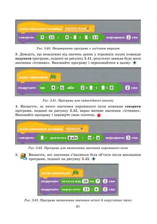 61
Рис. 3.40. Незавершена програма з логічним виразом
3. Доведіть, що незалежно від значень даних у порожніх полях команди
подумати програми, поданої на рисунку 3.41, результат завжди буде мати
значення «істинно». Виконайте програму і переконайтеся в цьому.
Рис. 3.41. Програма для самостійного аналізу
4. Визначте, за якого значення порожнього поля команди говорити
програми, поданої на рисунку 3.42, вираз матиме значення «істинно».
Виконайте програму і перевірте свою гіпотезу. 
Рис. 3.42. Програма для визначення значення порожнього поля
5. Визначте, які значення з’являться біля об’єкта після виконання
програми, поданої на рисунку 3.43.
Рис. 3.43. Програма визначення значення остачі й округлення чисел
 