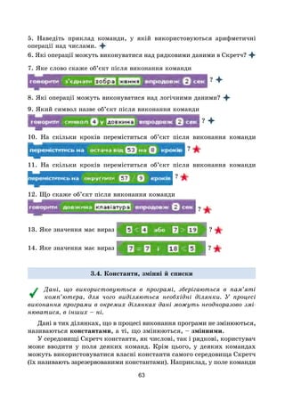 63
5. Наведіть приклад команди, у якій використовуються арифметичні
операції над числами.
6. Які операції можуть виконуватися над рядковими даними в Скретч?
7. Яке слово скаже об’єкт після виконання команди
?
8. Які операції можуть виконуватися над логічними даними?
9. Який символ назве об’єкт після виконання команди
?
10. На скільки кроків переміститься об’єкт після виконання команди
 ?
11. На скільки кроків переміститься об’єкт після виконання команди
? 
12. Що скаже об’єкт після виконання команди 
? 
13. Яке значення має вираз ? 
14. Яке значення має вираз ? 
3.4. Константи, змінні й списки
Дані, що використовуються в програмі, зберігаються в пам’яті
комп’ютера, для чого виділяються необхідні ділянки. У процесі
виконання програми в окремих ділянках дані можуть неодноразово змі-
нюватися, в інших – ні.
Дані в тих ділянках, що в процесі виконання програми не змінюються,
називаються константами, а ті, що змінюються, – змінними.
У середовищі Скретч константи, як числові, так і рядкові, користувач
може вводити у поля деяких команд. Крім цього, у деяких командах
можуть використовуватися власні константи самого середовища Скретч
(їх називають зарезервованими константами). Наприклад, у поле команди
 