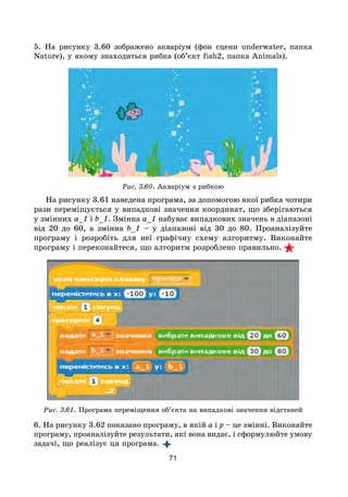 71
5. На рисунку 3.60 зображено акваріум (фон сцени underwater, папка
Nature), у якому знаходиться рибка (об’єкт fish2, папка Animals).
Рис. 3.60. Акваріум з рибкою
На рисунку 3.61 наведена програма, за допомогою якої рибка чотири
рази переміщується у випадкові значення координат, що зберігаються
у змінних а_1 і b_1. Змінна a_1 набуває випадкових значень в діапазоні
від 20 до 60, а змінна b_1 – у діапазоні від 30 до 80. Проаналізуйте
програму і розробіть для неї графічну схему алгоритму. Виконайте
програму і переконайтеся, що алгоритм розроблено правильно.
Рис. 3.61. Програма переміщення об’єкта на випадкові значення відстаней
6. На рисунку 3.62 показано програму, в якій а і p – це змінні. Виконайте
програму, проаналізуйте результати, які вона видає, і сформулюйте умову
задачі, що реалізує ця програма.
 