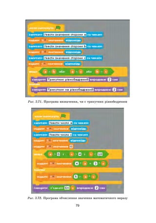 79
Рис. 3.71. Програма визначення, чи є трикутник рівнобедреним
Рис. 3.72. Програма обчислення значення математичного виразу
 