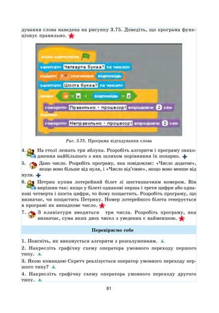 81
дування слова наведена на рисунку 3.75. Доведіть, що програма функ-
ціонує правильно. 
Рис. 3.75. Програма відгадування слова
4. На столі лежать три яблука. Розробіть алгоритм і програму знахо-
дження найбільшого з них шляхом порівняння їх попарно. 
5. Дано число. Розробіть програму, яка повідомляє: «Число додатне»,
якщо воно більше від нуля, і «Число від’ємне», якщо воно менше від
нуля. 
6. Петрик купив лотерейний білет зі шестизначним номером. Він
вирішив так: якщо у білеті однакові перша і третя цифри або одна-
кові четверта і шоста цифри, то йому пощастить. Розробіть програму, що
визначає, чи пощастить Петрику. Номер лотерейного білета генерується
в програмі як випадкове число. 
7. З клавіатури вводяться три числа. Розробіть програму, яка
виз­начає, сума яких двох чисел з уведених є найменшою. 
Перевіряємо себе
1. Поясніть, як виконується алгоритм з розгалуженням.
2. Накресліть графічну схему оператора умовного переходу першого
типу.
3. Якою командою Скретч реалізується оператор умовного переходу пер-
шого типу?
4. Накресліть графічну схему оператора умовного переходу другого
типу.
 