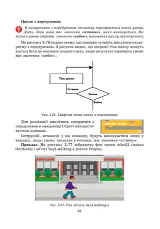 83
Цикли з передумовою
В алгоритмах з передумовою спочатку перевіряється певна умова.
Доти, доки вона має значення «істинно», цикл виконується. Як
тільки умова отримає значення «хибно», виконання циклу закінчується.
На рисунку 3.76 подано схему, що пояснює сутність циклічного алго-
ритму з передумовою. З рисунка видно, що операції тіла циклу можуть
взагалі бути не виконані жодного разу, якщо результат перевірки умови
має значення «хибно».
Рис. 3.76. Графічна схема циклу з передумовою
Для реалізації циклічних алгоритмів з
передумовою в середовищі Скретч використо-
вується команда:
Інструкції, вставлені у цю команду, будуть виконуватися лише у
випадку, якщо умова, записана в команді, має значення «істинно».
Приклад. На рисунку 3.77 зображено фон сцени scholl2 (папка
Outdoors) і об’єкт boy4-walking-a (папка People).
Рис. 3.77. Рух об’єкта bay4-walking-a
 