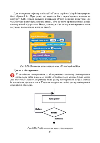 84
Для створення ефекту анімації об’єкта boy4-walking-b імпортуємо
його образи b і c. Програма, що моделює його переміщення, подана на
рисунку 3.78. Після запуску програми об’єкт починає рухатися, як
тільки буде натиснута кнопка миші. Рух об’єкта припиняється, якщо
кнопку миші відпустити. Отже, команди тіла циклу виконуються лише
за умови натиснення кнопки миші.
Рис. 3.78. Програма моделювання руху об’єкта boy4-walking
Цикли з післяумовою
У циклічних алгоритмах з післяумовою спочатку виконуються
оператори тіла циклу, а потім перевіряється умова. Якщо умова
має значення «хибно», оператори тіла циклу виконуються ще раз, інакше
їх виконання припиняється. У таких алгоритмах тіло циклу виконується
принаймні один раз.
Рис. 3.79. Графічна схема циклу післяумовою
 
