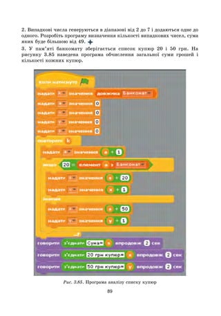 89
2. Випадкові числа генеруються в діапазоні від 2 до 7 і додаються одне до
одного. Розробіть програму визначення кількості випадкових чисел, сума
яких буде більшою від 49.
3. У пам’яті банкомату зберігається список купюр 20 і 50 грн. На
рисунку 3.85 наведена програма обчислення загальної суми грошей і
кількості кожних купюр.
Рис. 3.85. Програма аналізу списку купюр
 