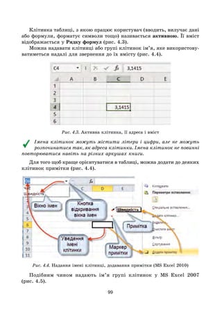 99
Клітинка таблиці, з якою працює користувач (вводить, вилучає дані
або формули, форматує символи тощо) називається активною. Її вміст
відображається у Рядку формул (рис. 4.3).
Можна надавати клітинці або групі клітинок ім’я, яке використову-
ватиметься надалі для звернення до їх вмісту (рис. 4.4).
Рис. 4.3. Активна клітинка, її адреса і вміст
Імена клітинок можуть містити літери і цифри, але не можуть
розпочинатися так, як адреса клітинки. Імена клітинок не повинні
повторюватися навіть на різних аркушах книги.
Для того щоб краще орієнтуватися в таблиці, можна додати до деяких
клітинок примітки (рис. 4.4).
Рис. 4.4. Надання імені клітинці, додавання примітки (MS Excel 2010)
Подібним чином надають ім’я групі клітинок у MS Excel 2007
(рис. 4.5).
 