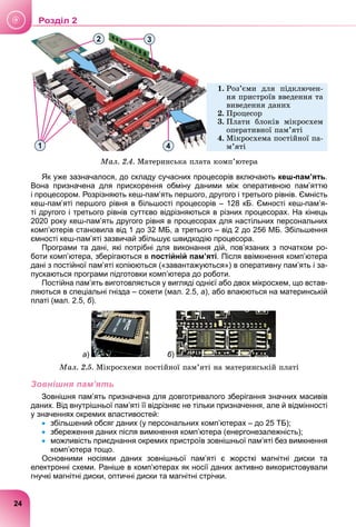 3
4
1
2
1. Ðîç’єìè äëÿ ïіäêëþ÷åí-
íÿ ïðèñòðîїâ ââåäåííÿ òà
âèâåäåííÿ äàíèõ
2. Ïðîöåñîð
3. Ïëàòè áëîêіâ ìіêðîñõåì
îïåðàòèâíîї ïàì’ÿòі
4. Ìіêðîñõåìà ïîñòіéíîї ïà-
ì’ÿòі
Ìàë. 2.4. Ìàòåðèíñüêà ïëàòà êîìï’þòåðà
Як уже зазначалося, до складу сучасних процесорів включають кеш-пам’ять.
Вона призначена для прискорення обміну даними між оперативною пам’яттю
і процесором. Розрізняють кеш-пам’ять першого, другого і третього рівнів. Ємність
кеш-пам’яті першого рівня в більшості процесорів – 128 кБ. Ємності кеш-пам’я-
ті другого і третього рівнів суттєво відрізняються в різних процесорах. На кінець
2020 року кеш-пам’ять другого рівня в процесорах для настільних персональних
комп’ютерів становила від 1 до 32 МБ, а третього – від 2 до 256 МБ. Збільшення
ємності кеш-пам’яті зазвичай збільшує швидкодію процесора.
Програми та дані, які потрібні для виконання дій, пов’язаних з початком ро-
боти комп’ютера, зберігаються в постійній пам’яті. Після ввімкнення комп’ютера
дані з постійної пам’яті копіюються («завантажуються») в оперативну пам’ять і за-
пускаються програми підготовки комп’ютера до роботи.
Постійна пам’ять виготовляється у вигляді однієї або двох мікросхем, що встав-
ляються в спеціальні гнізда – сокети (мал. 2.5, а), або впаюються на материнській
платі (мал. 2.5, б).
а) б)
Ìàë. 2.5. Ìіêðîñõåìè ïîñòіéíîї ïàì’ÿòі íà ìàòåðèíñüêіé ïëàòі
Зовнішня пам’ять
Зовнішня пам’ять призначена для довготривалого зберігання значних масивів
даних. Від внутрішньої пам’яті її відрізняє не тільки призначення, але й відмінності
у значеннях окремих властивостей:
 збільшений обсяг даних (у персональних комп’ютерах – до 25 ТБ);
 збереження даних після вимкнення комп’ютера (енергонезалежність);
 можливість приєднання окремих пристроїв зовнішньої пам’яті без вимкнення
комп’ютера тощо.
Основними носіями даних зовнішньої пам’яті є жорсткі магнітні диски та
електронні схеми. Раніше в комп’ютерах як носії даних активно використовували
гнучкі магнітні диски, оптичні диски та магнітні стрічки.
24
Роздiл 2
 