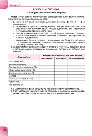 ПРАКТИЧНА РОБОТА № 2
«Конфігурація комп’ютера під потребу»
Увага! Під час роботи з комп’ютером дотримуйтеся вимог безпеки життє-
діяльності та санітарно-гігієнічних норм.
1. Доберіть конфігурацію комп’ютерів для людей різних професій і різних сфер
застосування:
 письменник – працює у своєму кабінеті, використовує комп’ютер для
створення своїх прозових творів, пошуку відомостей, для надсилання
й отримання електронних листів тощо;
 студент – використовує комп’ютер для підготовки навчальних завдань,
а також для створення власної фонотеки, створення і редагування на-
вчальних відеофільмів;
 кореспондент інтернет-видання – використовує комп’ютер для написання
і своєчасного надсилання в редакцію повідомлень з новинами під час від-
ряджень у різні частини світу.
2. За результатами виконання завдання створіть у текстовому процесорі файл
з таблицєю значень властивостей комп’ютерів. Заповніть цю таблицю зна-
ченнями.
Властивість
Значення властивості для комп’ютерів
письменника студента кореспондента
Тип комп’ютера
Модель процесора
Тактова частота процесора, ГГц
Обсяг оперативної пам’яті, ГБ
Ємність жорсткого диска, ГБ
Монітор
Діагональ монітора, дюймів
Роздільність
Час відклику, мс
3. У цьому самому файлі обґрунтуйте ваш вибір конфігурації комп’ютерів.
4. Файл з таблицею та обґрунтуванням збережіть у вашій папці з іменем прак-
тична 2.docx і надішліть на електронну пошту вчителя/вчительки.
60
Роздiл 2
 
