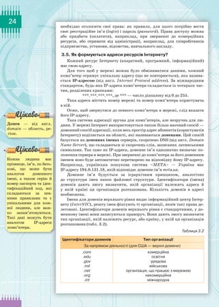 24
необхідно оголосити свої права: як правило, для цього потрібно вести
своє реєстраційне ім’я (login) і пароль (password). Права доступу можна
або придбати (оплатити), наприклад, при зверненні до комерційних
ресурсів, або отримати від адміністрації, наприклад, для співробітників
підприємства, установи, відомства, навчального закладу.
3.5. Як формуються адреси ресурсів Інтернету?
Кожний ресурс Інтернету (апаратний, програмний, інформаційний)
має свою адресу.
Для того щоб у мережі можна було обмінюватися даними, кожний
комп’ютер отримує унікальну адресу (що не повторюється), яка назива-
ється ІР-адресою (від англ. Internet Protocol address). За міжнародним
стандартом, будь-яка ІР-адреса комп’ютера складається із чотирьох час-
тин, розділених крапками:
***.***.***.***, де *** — число діапазону від 0 до 255.
Така адреса містить номер мережі та номер комп’ютера користувача
в ній.
Отже, щоб звернутися до певного комп’ютера в мережі, слід вказати
його ІР-адресу.
Така система адресації зручна для комп’ютерів, але незручна для лю-
дини. У мережі Інтернет використовується також більш наочний спосіб —
доменний спосіб адресації, коли весь простір адрес абонентів (користувачів
Інтернету) поділяється на області, які називаються доменами. Цей спосіб
базується на доменних іменах серверів, скорочено DNS (від англ. Domain
Name Server), що складаються зі скорочень слів, записаних латинськими
символами. Так само як IP-адреса, доменне ім’я однозначно визначає по-
ложення сервера в мережі. При зверненні до комп’ютера за його доменним
іменем воно буде автоматично перетворено на відповідну йому ІР-адресу.
Наприклад, українська пошукова система <МЕТА> — Україна має
ІР-адресу 194.0.131.18, якій відповідає доменне ім’я meta.ua.
Доменне ім’я будується за ієрархічним принципом, аналогічно
до структури імен папок файлової структури. Ідентифікатори (імена)
доменів дають змогу визначити, якій організації належить адреса й
у якій країні ця організація розташована. Кількість доменів в адресі
необмежена.
Імена для доменів верхнього рівня видає інформаційний центр Інтер-
нету (InterNIC), решту імен фіксують ті організації, яким такі права де-
леговані. Ідентифікатори доменів верхнього рівня є стандартними, у до-
менному імені вони записуються праворуч. Вони дають змогу визначити
тип організації, якій належить ресурс, або країну, у якій ця організація
розташована (табл. 3.2).
Таблиця 3.2
Ідентифікатори доменів Тип організації
За напрямом діяльності (для США — верхні домени)
.com
.edu
.gov
.mil
.net
.org
.int
комерційна
освітня
урядова
військова
організація, що працює з мережею
некомерційна
міжнародна
Домен — від англ.
domain — область, ре-
гіон.
Кожна людина має
прізвище, ім’я, по бать-
кові, що може бути
аналогом доменного
імені, а також серію й
номер паспорта та іден-
тифікаційний код, які
складаються за пев-
ними правилами та є
унікальними для кож-
ної людини, але важ-
ко запам’ятовуються.
Такі дані можуть бути
аналогом ІР-адреси
комп’ютера.
 