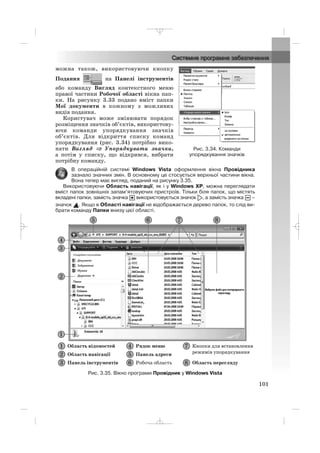 можна також, використовуючи кнопку
Подання на Панелі інструментів
або команду Вигляд контекстного меню
правої частини Робочої області вікна пап
ки. На рисунку 3.33 подано вміст папки
Мої документи в кожному з можливих
видів подання.
Користувач може змінювати порядок
розміщення значків об’єктів, використову
ючи команди упорядкування значків
об’єктів. Для відкриття списку команд
упорядкування (рис. 3.34) потрібно вико
нати Вигляд ⇒⇒ Упорядкувати значки,
а потім у списку, що відкрився, вибрати
потрібну команду.
В операційній системі Windows Vista оформлення вікна Провідника
зазнало значних змін. В основному це стосується верхньої частини вікна.
Вона тепер має вигляд, поданий на рисунку 3.35.
Використовуючи Область навігації, як і у Windows XP, можна переглядати
вміст папок зовнішніх запам’ятовуючих пристроїв. Тільки біля папок, що містять
вкладені папки, замість значка використовується значок , а замість значка –
значок . Якщо в Області навігації не відображається дерево папок, то слід ви
брати команду Папки внизу цієї області.
101
Рис. 3.34. Команди
упорядкування значків
Рис. 3.35. Вікно програми Провідник у Windows Vista
_ _ _
 