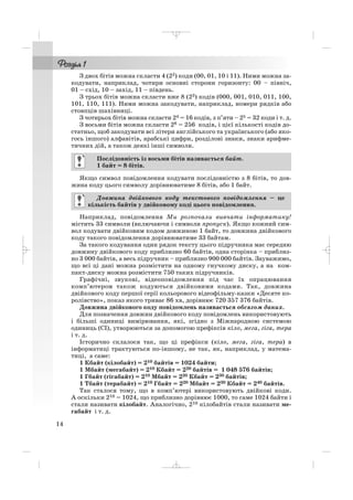 З двох бітів можна скласти 4 (22) коди (00, 01, 10 і 11). Ними можна за
кодувати, наприклад, чотири основні сторони горизонту: 00 – північ,
01 – схід, 10 – захід, 11 – південь.
З трьох бітів можна скласти вже 8 (23) кодів (000, 001, 010, 011, 100,
101, 110, 111). Ними можна закодувати, наприклад, номери рядків або
стовпців шахівниці.
З чотирьох бітів можна скласти 24 = 16 кодів, з п’яти – 25 = 32 коди і т. д.
З восьми бітів можна скласти 28 = 256 кодів, і цієї кількості кодів до
статньо, щоб закодувати всі літери англійського та українського (або яко
гось іншого) алфавітів, арабські цифри, розділові знаки, знаки арифме
тичних дій, а також деякі інші символи.
Якщо символ повідомлення кодувати послідовністю з 8 бітів, то дов
жина коду цього символу дорівнюватиме 8 бітів, або 1 байт.
Наприклад, повідомлення Ми розпочали вивчати інформатику!
містить 33 символи (включаючи і символи пропуск). Якщо кожний сим
вол кодувати двійковим кодом довжиною 1 байт, то довжина двійкового
коду такого повідомлення дорівнюватиме 33 байтам.
За такого кодування один рядок тексту цього підручника має середню
довжину двійкового коду приблизно 60 байтів, одна сторінка – приблиз
но 3 000 байтів, а весь підручник – приблизно 900 000 байтів. Зауважимо,
що всі ці дані можна розмістити на одному гнучкому диску, а на ком
пакт диску можна розмістити 750 таких підручників.
Графічні, звукові, відеоповідомлення під час їх опрацювання
комп’ютером також кодуються двійковими кодами. Так, довжина
двійкового коду першої серії кольорового відеофільму казки «Десяте ко
ролівство», показ якого триває 86 хв, дорівнює 720 357 376 байтів.
Довжина двійкового коду повідомлень називається обсягом даних.
Для позначення довжин двійкового коду повідомлень використовують
і більші одиниці вимірювання, які, згідно з Міжнародною системою
одиниць (СІ), утворюються за допомогою префіксів кіло, мега, гіга, тера
і т. д.
Історично склалося так, що ці префікси (кіло, мега, гіга, тера) в
інформатиці трактуються по іншому, не так, як, наприклад, у матема
тиці, а саме:
1 Кбайт (кілобайт) = 210 байтів = 1024 байти;
1 Мбайт (мегабайт) = 210 Кбайт = 220 байтів = 1 048 576 байтів;
1 Гбайт (гігабайт) = 210 Мбайт = 220 Кбайт = 230 байтів;
1 Тбайт (терабайт) = 210 Гбайт = 220 Мбайт = 230 Кбайт = 240 байтів.
Так сталося тому, що в комп’ютері використовують двійкові коди.
А оскільки 210 = 1024, що приблизно дорівнює 1000, то саме 1024 байти і
стали називати кілобайт. Аналогічно, 210 кілобайтів стали називати ме
габайт і т. д.
Довжина двійкового коду текстового повідомлення – це
кількість байтів у двійковому коді цього повідомлення.
Послідовність із восьми бітів називається байт.
1 байт = 8 бітів.
14
_ _ _
 