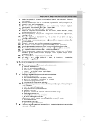 3••. Наведіть приклади подання одного й того самого повідомлення різними
способами.
4°. Назвіть види повідомлень за способом їх сприйняття. Наведіть приклади.
5•. Поясніть, що таке інформація.
6*. Чи отримуєте ви інформацію при повторному читанні худож
нього твору, повторному перегляді кінофільму?
7•. Поясніть, що таке шум. Наведіть приклади.
8•. Наведіть приклади повідомлень, які для одних людей несуть інфор
мацію, а для інших – шум.
9*. Наведіть приклади повідомлень, які раніше несли для вас інформацію,
а потім – шум.
10*. Наведіть приклади повідомлень, які раніше несли для вас шум,
а потім – інформацію.
11•. Поясніть, що таке повідомлення з інформаційною надлишковістю. На
ведіть приклади.
12*. Поясніть різницю між повідомленням та інформацією.
13•. Які процеси називаються інформаційними? Наведіть приклади.
14•. Опишіть кожний з інформаційних процесів. Наведіть приклади.
15•. Розкажіть, як ви використовуєте кожний з інформаційних процесів.
16°. Що таке кодування повідомлень? Наведіть приклади.
17•. Наведіть приклади кодування повідомлень, які використовуються в ма
тематиці, фізиці, хімії, біології, географії, інших науках, спорті, навко
лишньому світі.
18°. Що таке двійкове кодування повідомлень?
19°. Що таке 1 біт? Чому дорівнює 1 байт, 1 кілобайт, 1 мегабайт,
1 гігабайт, 1 терабайт?
1°. Визначте, яким способом подають повідомлення:
а) диктор телебачення;
б) матрос сигнальник на флоті;
в) покажчики в парку відпочинку;
г) горніст у дитячому таборі відпочинку;
д) учитель батькам.
2°. Визначте, яким способом подають повідомлення:
а) шкільний дзвоник;
б) таблички з номерами кабінетів у школі;
в) розмітка пішохідного переходу на вулиці;
г) міліціонер регулювальник;
д) чергова на залізничному вокзалі.
3•. Розподіліть повідомлення за способом подання (результат подайте у ви
гляді таблиці):
а) лист до редакції журналу;
б) позначка пішохідного переходу;
в) дзвінок у театрі;
г) формула залежності відстані від швидкості та часу;
д) балетний спектакль;
е) автомобільні поворотні сигнали;
є) відеофільм про екскурсію;
ж) діаграма видобутку вугілля в Україні за останні 3 роки;
з) гавкання собаки;
и) розповідь учителя;
і) реклама циркової вистави.
4•. Розподіліть повідомлення за способом їх сприйняття (результат подайте
у вигляді таблиці):
17
_ _ _
 