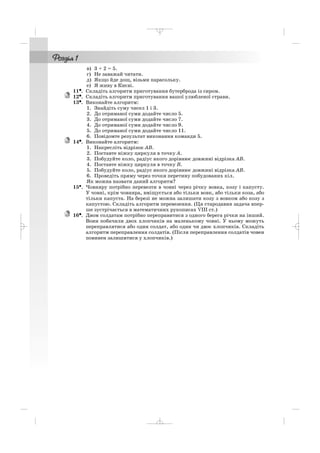 в) 3 + 2 = 5.
г) Не заважай читати.
д) Якщо йде дощ, візьми парасольку.
е) Я живу в Києві.
11••. Складіть алгоритм приготування бутерброда із сиром.
12•. Складіть алгоритм приготування вашої улюбленої страви.
13•. Виконайте алгоритм:
1. Знайдіть суму чисел 1 і 3.
2. До отриманої суми додайте число 5.
3. До отриманої суми додайте число 7.
4. До отриманої суми додайте число 9.
5. До отриманої суми додайте число 11.
6. Повідомте результат виконання команди 5.
14•. Виконайте алгоритм:
1. Накресліть відрізок АВ.
2. Поставте ніжку циркуля в точку А.
3. Побудуйте коло, радіус якого дорівнює довжині відрізка АВ.
4. Поставте ніжку циркуля в точку В.
5. Побудуйте коло, радіус якого дорівнює довжині відрізка АВ.
6. Проведіть пряму через точки перетину побудованих кіл.
Як можна назвати даний алгоритм?
15•. Човняру потрібно перевезти в човні через річку вовка, козу і капусту.
У човні, крім човняра, вміщується або тільки вовк, або тільки коза, або
тільки капуста. На березі не можна залишати козу з вовком або козу з
капустою. Складіть алгоритм перевезення. (Ця стародавня задача впер
ше зустрічається в математичних рукописах VIII ст.)
16•. Двом солдатам потрібно переправитися з одного берега річки на інший.
Вони побачили двох хлопчиків на маленькому човні. У ньому можуть
переправлятися або один солдат, або один чи двоє хлопчиків. Складіть
алгоритм переправлення солдатів. (Після переправлення солдатів човен
повинен залишитися у хлопчиків.)
_ _ _
 