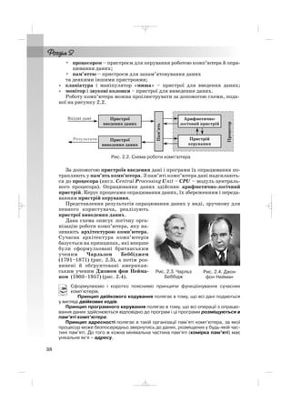 процесором – пристроєм для керування роботою комп’ютера й опра
цювання даних;
пам’яттю – пристроєм для запам’ятовування даних
та деякими іншими пристроями;
• клавіатура і маніпулятор «миша» – пристрої для введення даних;
• монітор і звукові колонки – пристрої для виведення даних.
Роботу комп’ютера можна проілюструвати за допомогою схеми, пода
ної на рисунку 2.2.
38
Рис. 2.2. Схема роботи комп’ютера
За допомогою пристроїв введення дані і програми їх опрацювання по
трапляють у пам’ять комп’ютера. З пам’яті комп’ютера дані надсилають
ся до процесора (англ. Central Processing Unit – CPU – модуль централь
ного процесора). Опрацювання даних здійснює арифметично логічний
пристрій. Керує процесами опрацювання даних, їх збереженням і переда
ванням пристрій керування.
Представлення результатів опрацювання даних у виді, зручному для
певного користувача, реалізують
пристрої виведення даних.
Дана схема описує логічну орга
нізацію роботи комп’ютера, яку на
зивають архітектурою комп’ютера.
Сучасна архітектура комп’ютерів
базується на принципах, які вперше
були сформульовані британським
ученим Чарльзом Беббіджем
(1791–1871) (рис. 2.3), а потім роз
винені й обґрунтовані американ
ським ученим Джоном фон Нейма
ном (1903–1957) (рис. 2.4).
Сформулюємо і коротко пояснимо принципи функціонування сучасних
комп’ютерів.
Принцип двійкового кодування полягає в тому, що всі дані подаються
у вигляді двійкових кодів.
Принцип програмного керування полягає в тому, що всі операції з опрацю
вання даних здійснюються відповідно до програм і ці програми розміщуються в
пам’яті комп’ютера.
Принцип адресності полягає в такій організації пам’яті комп’ютера, за якої
процесор може безпосередньо звернутись до даних, розміщених у будь якій час
тині пам’яті. До того ж кожна мінімальна частина пам’яті (комірка пам’яті) має
унікальне ім’я – адресу.
Рис. 2.3. Чарльз
Беббідж
Рис. 2.4. Джон
фон Нейман
_ _ _
 