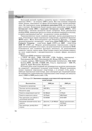Загальний якісний стрибок у розвитку науки і техніки відбувся на
прикінці 1970 х – на початку 1980 х років. Він став основою створення
нових машин, можливості та сфери застосування яких значно розшири
лися. Це спричинило появу четвертого покоління ЕОМ, які служать лю
дям і сьогодні. Елементною базою машин цього покоління стали великі
інтегральні схеми (ВІС) і надвеликі інтегральні схеми (НВІС), тобто
мікросхеми з високою щільністю малих елементів. Різко зменшилися
розміри ЕОМ, швидкодія зросла до сотень мільйонів операцій за секунду,
а ємність внутрішньої пам’яті – до десятків і сотень мегабайтів.
Удосконалюються також зовнішні пристрої, значно розширюється їх
коло. З’являються перші персональні комп’ютери, розроблені фірмами:
MITS (англ. Micro Instrumentation and Telemetry Systems – системи
мікроінструментів і телеметрії) – комп’ютер Altair 8800 (1975 р.); Apple
Computer Company – комп’ютер Apple (1976 р.); IBM – комп’ютер
IBM PC (1981 р.). Широке розповсюдження персональних комп’ю
терів значно розширює коло задач, що розв’язуються за допомогою ЕОМ.
З’являються такі елементи штучного інтелекту, як розпізнавання
символів і звуків, синтез мови. Комп’ютери стають доступними широко
му колу користувачів і використовуються в різних сферах діяльності
людини.
Приклади ЕОМ четвертого покоління:
• у СРСР: ЕС 1015, 1066, СМ 1420, 1700, Эльбрус, персональні –
Электроника МС 0501, Электроника 85, Искра 226, Пошук;
• в інших країнах: IBM System/370 Extended Architecture, IBM RISC
System/6000, AS/400, CYBER 205, Cray 2, персональні – IBM PC,
Apple II, Apple Macintosh, BlueGene.
В останні роки комп’ютерний світ розвивається шляхом удосконален
ня апаратної і програмної складової комп’ютерів. Широке розповсюд
ження отримали персональні комп’ютери, а в останні п’ять років –
мобільні персональні комп’ютери. Для ілюстрації цих тенденцій наведе
мо порівняльну характеристику персональних комп’ютерів, які випуска
лися у 2000 та 2009 роках (табл. 2.8).
Таблиця 2.8. Значення основних властивостей персональних
комп’ютерів
Властивість 2000 рік 2009 рік
Розрядність процесора 32 64
Тактова частота процесора 500 МГц 3,2 ГГц
Кількість ядер 1 4
Ємність оперативної пам’яті 64 Мбайт 2 Гбайт
Ємність жорсткого диска 10 Гбайт 300 Гбайт
Тип пристрою для роботи з
оптичними дисками
CD ROM DVD RW
Основний змінний носій, його
ємність
Дискета, 1,44 Мбайт Флеш накопичувач,
16 Гбайт
Тип монітора, розмір його
екрана
CRT, 15′′ LCD, 19′′
70
_ _ _
 