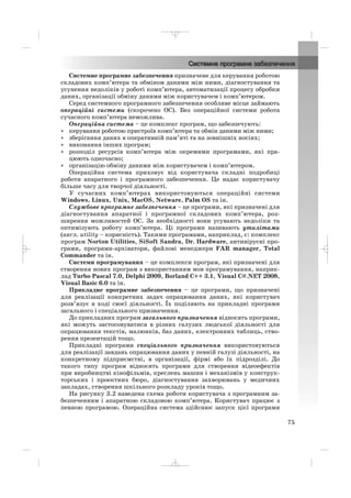 75
Системне програмне забезпечення призначене для керування роботою
складових комп’ютера та обміном даними між ними, діагностування та
усунення недоліків у роботі комп’ютера, автоматизації процесу обробки
даних, організації обміну даними між користувачем і комп’ютером.
Серед системного програмного забезпечення особливе місце займають
операційні системи (скорочено ОС). Без операційної системи робота
сучасного комп’ютера неможлива.
Операційна система – це комплекс програм, що забезпечують:
• керування роботою пристроїв комп’ютера та обмін даними між ними;
• зберігання даних в оперативній пам’яті та на зовнішніх носіях;
• виконання інших програм;
• розподіл ресурсів комп’ютера між окремими програмами, які пра
цюють одночасно;
• організацію обміну даними між користувачем і комп’ютером.
Операційна система приховує від користувача складні подробиці
роботи апаратного і програмного забезпечення. Це надає користувачу
більше часу для творчої діяльності.
У сучасних комп’ютерах використовуються операційні системи
Windows, Linux, Unix, MacOS, Netware, Palm OS та ін.
Службове програмне забезпечення – це програми, які призначені для
діагностування апаратної і програмної складових комп’ютера, роз
ширення можливостей ОС. За необхідності вони усувають недоліки та
оптимізують роботу комп’ютера. Ці програми називають утилітами
(англ. utility – корисність). Такими програмами, наприклад, є: комплекс
програм Norton Utilities, SiSoft Sandra, Dr. Hardware, антивірусні про
грами, програми архіватори, файлові менеджери FAR manager, Total
Commander та ін.
Системи програмування – це комплекси програм, які призначені для
створення нових програм з використанням мов програмування, наприк
лад Turbo Pascal 7.0, Delphi 2009, Borland C++ 3.1, Visual C#.NET 2008,
Visual Basic 6.0 та ін.
Прикладне програмне забезпечення – це програми, що призначені
для реалізації конкретних задач опрацювання даних, які користувач
розв’язує в ході своєї діяльності. Їх поділяють на прикладні програми
загального і спеціального призначення.
До прикладних програм загального призначення відносять програми,
які можуть застосовуватися в різних галузях людської діяльності для
опрацювання текстів, малюнків, баз даних, електронних таблиць, ство
рення презентацій тощо.
Прикладні програми спеціального призначення використовуються
для реалізації завдань опрацювання даних у певній галузі діяльності, на
конкретному підприємстві, в організації, фірмі або їх підрозділі. До
такого типу програм відносять програми для створення відеоефектів
при виробництві кінофільмів, креслень машин і механізмів у конструк
торських і проектних бюро, діагностування захворювань у медичних
закладах, створення шкільного розкладу уроків тощо.
На рисунку 3.2 наведена схема роботи користувача з програмним за
безпеченням і апаратною складовою комп’ютера. Користувач працює з
певною програмою. Операційна система здійснює запуск цієї програми
_ _ _
 