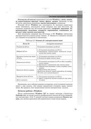 Основними об’єктами операційної системи Windows є: вікна, зовніш
ні запам’ятовуючі пристрої, папки, файли, ярлики. Кожному із цих
об’єктів, крім вікон, відповідає значок (піктограма) з підписом.
Кожний об’єкт Windows має властивості. Їх значення користувач
може змінювати, виконуючи певні операції над цим об’єктом. До
основних операцій над об’єктами відносять: створення, виділення, пе
рейменування, видалення, відкриття, переміщення, копіювання, пе
регляд і зміну значень властивостей.
Для виконання операцій над об’єктами в ОС Windows найчастіше
використовується маніпулятор «миша». У таблиці 3.1 наведено основні
дії з мишею та алгоритми їх виконання.
Таблиця 3.1. Основні дії з використанням миші
Зауважимо, що в таблиці описано алгоритми, коли головною кнопкою
миші є ліва кнопка. Але можна призначити головною праву кнопку
миші. Як правило, таке закріплення кнопок використовує шульга.
Початок роботи з Windows
Після завантаження Windows ХР на екрані монітора з’являється
Робочий стіл, на якому можуть відображатися значки об’єктів операцій
ної системи (рис. 3.5). У нижній частині екрана розміщена Панель зав
дань, яку можна приховати або перемістити в інше місце екрана.
Назва дії Алгоритм виконання
Указати на об’єкт Установити вказівник на об’єкт
Вибрати об’єкт
1. Установити вказівник на об’єкт.
2. Одноразово короткочасно натиснути (клац
нути) ліву кнопку миші
Відкрити контекстне меню
об’єкта
1. Установити вказівник на об’єкт.
2. Клацнути праву кнопку миші
Перетягнути об’єкт
1. Установити вказівник на об’єкт або в потрібну
точку екрана.
2. Натиснути і утримувати ліву кнопку миші.
3. Перемістити вказівник в іншу потрібну точку
екрана.
4. Відпустити ліву кнопку.
(Виділення області екрана приводить до вибору
об’єктів, які в ній розміщені.)
Виділити область екрана
Відкрити вікно об’єкта 1. Установити вказівник на об’єкт.
2. Двічі з короткою паузою клацнути ліву кноп
ку мишіДвічі клацнути
79
_ _ _
 