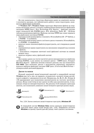 Як уже зазначалося, структура зберігання даних на зовнішніх носіях
і сукупність програм, які забезпечують роботу з цією структурою, нази
вається файловою системою.
У Windows XP і Windows Vista структура зберігання файлів на жор
стких магнітних дисках і спосіб їх найменування визначається файловою
системою NTFS (англ. New Technology File System – файлова система
нової технології) або FAT32 (англ. File Allocation Table 32 – 32 бітна
таблиця розміщення файлів). Файлова система NTFS має певні переваги
перед файловою системою FAT32:
• максимальний розмір файлу становить 16 ексабайтів (16 ⋅ 260
байти), а
у FAT32 – 4 гігабайти;
• максимальний розмір одного логічного диска становить 16 ексабайтів,
а у FAT32 – 8 терабайтів;
• ведеться запис власників файлів (користувачів, які створювали даний
файл);
• перевіряються права користувача на виконання операцій над кожним
з файлів;
• є можливість створення миттєвої копії файлової системи на певний
момент часу;
• ведеться журнал змін у файловій системі
тощо.
Для запису даних на гнучкі магнітні диски використовується файлова
система FAT12, а для запису на компакт диски – CDFS (англ. Compact
Disk File System – файлова система компакт дисків), яку ще позначають
ISO 9660. Для оптичних дисків з можливістю перезапису використо
вуються варіанти файлової системи UDF (англ. Universal Disk Format –
універсальний дисковий формат).
Диски та папки
Кожний зовнішній запам’ятовуючий пристрій в операційній системі
Windows має ім’я, яке, як правило, складається з великої літери англій
ського алфавіту і двокрапки після неї. Наприклад, А:, В:, С:, D:. Літери А
і В зарезервовані для позначення накопичувачів на гнучких магнітних
дисках. Якщо комп’ютер не має одного чи обох цих накопичувачів, то від
повідні літери не використовуються. На рисунку 3.24 наведено приклади
значків, які позначають зовнішні запам’ятовуючі пристрої різних видів.
Рис. 3.24. Значки зовнішніх запам’ятовуючих пристроїв у Windows ХР
В операційній системі Windows Vista значки зовнішніх запам’ятовуючих
пристроїв мають дещо інший вигляд (рис. 3.25). Зображення логотипа
Windows на одному з дисків (диск С:) указує, який з дисків є системним.
93
_ _ _
 