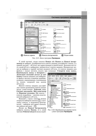 У лівій частині, якщо кнопки Пошук або Папки на Панелі інстру
ментів не вибрані, відображається список завдань для файлів і папок, а у
правій частині – об’єкти, що зареєстровані в даній папці. Залежно від то
го, який об’єкт є вибраним, змінюється і список завдань. Наприклад, як
що не вибрано у правій частині жодного об’єкта, то список завдань для
файлів і папок містить всього три команди: Створити нову папку,
Опублікувати папку в Інтернеті і
Дозволити спільний доступ до цієї
папки. Список завдань для вибрано
го файлу містить команди перейме
нування, переміщення, копіювання
та інших операцій над даним
об’єктом.
Нижче списку завдань для фай
лів і папок розміщено список інших
місць комп’ютера: Робочий стіл,
Спільні документи, Мій комп’ютер
та Мережне оточення. Ще нижче –
список подробиць – значень власти
востей вибраного об’єкта.
Кожний з трьох списків можна
згорнути вибором кнопки у заго
ловку списку, а відновити (розгор
нути) – вибором цієї самої кнопки,
що набуде вигляду – .
Якщо на Панелі інструментів
вибрати кнопку Папки, то у лівій
частині Робочої області вікна відоб
99
Рис. 3.31. Вікно програми Провідник
Рис. 3.32. Відображення дерева папок
у вікні програми Провідник
_ _ _
 
