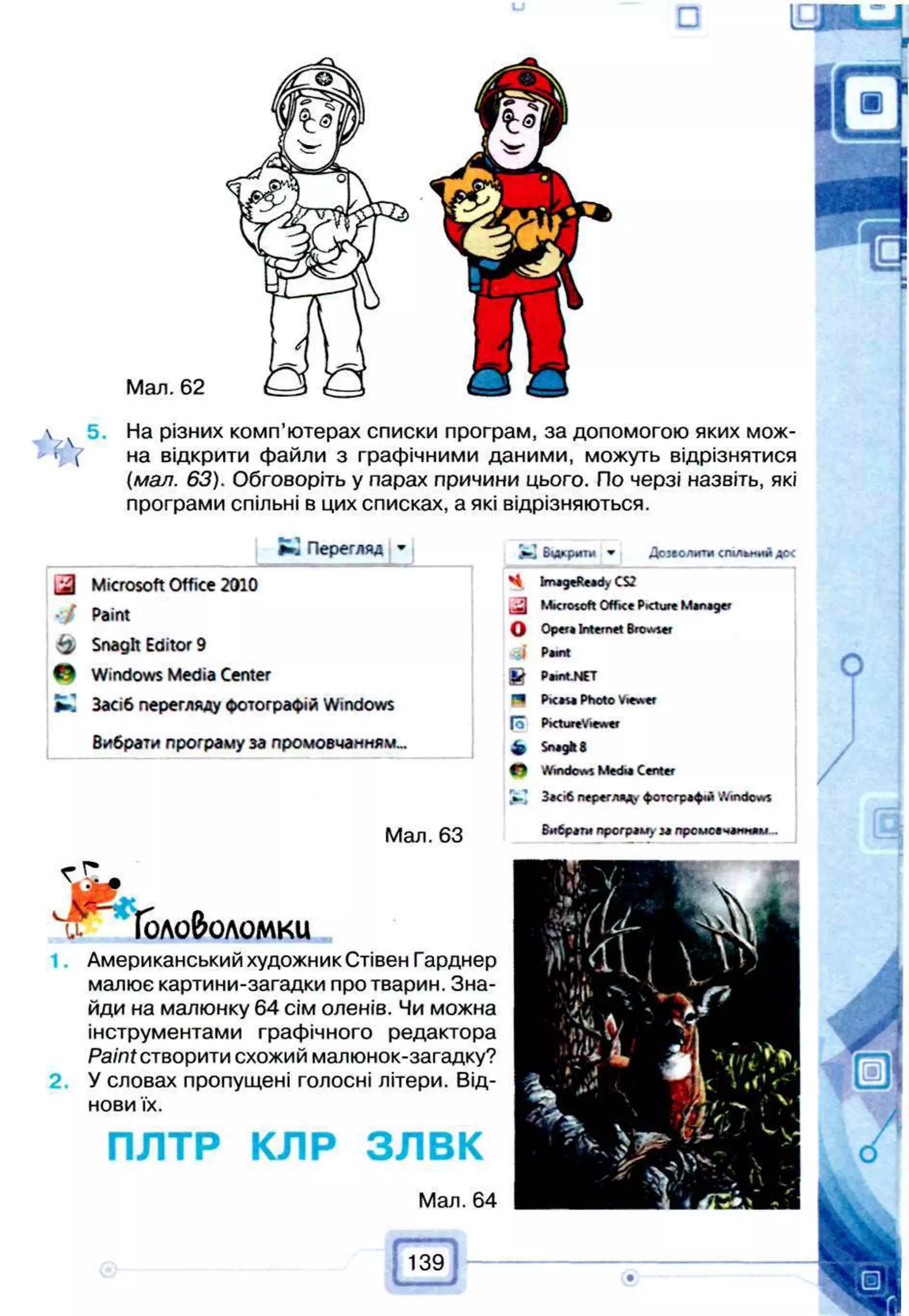 □
Мал. 62
 ч 5. На різних комп’ютерах списки програм, за допомогою яких мож-
' ( на відкрити файли з графічними даними, можуть відрізнятися
(мал. 63). Обговоріть у парах причини цього. По черзі назвіть, які
програми спільні в цих списках, а які відрізняються.
Перегляд '
Microsoft Office 2010
• / Paint
& Snaglt Editor 9
W Windows Media Center
►І Засіб перегляду фотографій Windows
Вибрати програму за промовчанням...
Мал. 63
Jcj Бо»рити ^ ДОМОЛИТИ СПІЛЬНИЙ до<
S ImageReady CS2
Microsoft OffKe Picture Manager
О Opera Internet Browser
4
£ Pamt.NET
ТЧ Pkk« Photo Viewer
fo PxtureViewer
b Sn«g*8
f ) Windows Medu Center
Засіб перегляд фотографій Windows
Бибраги програм> за промоачампам -
• Г Г с
2.
оло&оломки
Американський художник Стівен Гарднер
малює картини-загадки про тварин. Зна­
йди на малюнку 64 сім оленів. Чи можна
інструментами графічного редактора
Paint створити схожий малюнок-загадку?
У словах пропущені голосні літери. Від­
нови їх.
ПЛТР КЛР з л в к
Мал. 64
 