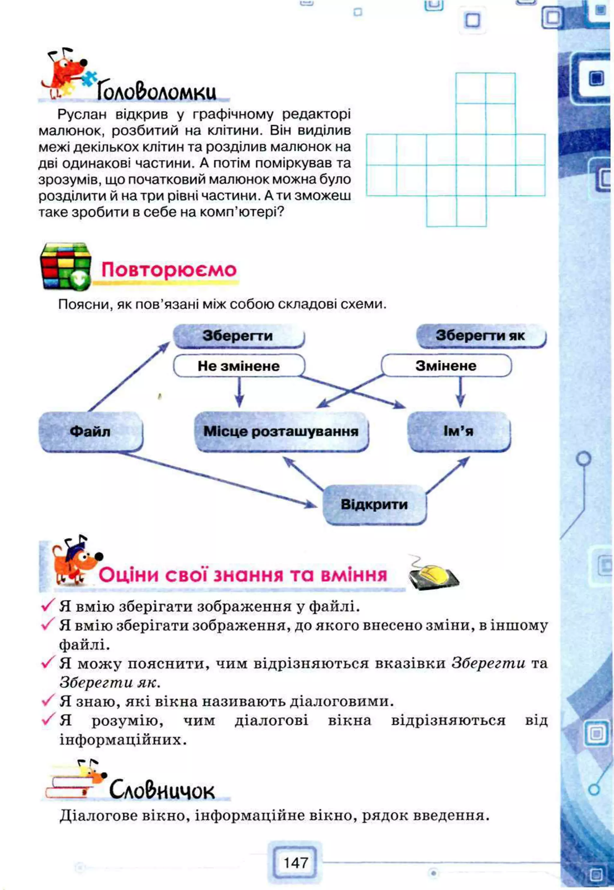 Головоломки
Руслан відкрив у графічному редакторі
малюнок, розбитий на клітини. Він виділив
межі декількох клітин та розділив малюнок на
дві одинакові частини. А потім поміркував та
зрозумів, що початковий малюнок можна було
розділити й на три рівні частини. А ти зможеш
таке зробити в себе на комп’ютері?
Повторюємо
Поясни, як пов’язані між собою складові схеми.
Оціни свої знання та вміння ^ у
У Я вмію зберігати зображення у файлі.
■SЯ вмію зберігати зображення, до якого внесено зміни, віншому
файлі.
Я можу пояснити, чим відрізняються вказівки Зберегти та
Зберегти як.
•У Я знаю, які вікна називають діалоговими.
•/ Я розумію, чим діалогові вікна відрізняються від
інформаційних.
Сло&иичок
Діалогове вікно, інформаційне вікно, рядок введення.
 