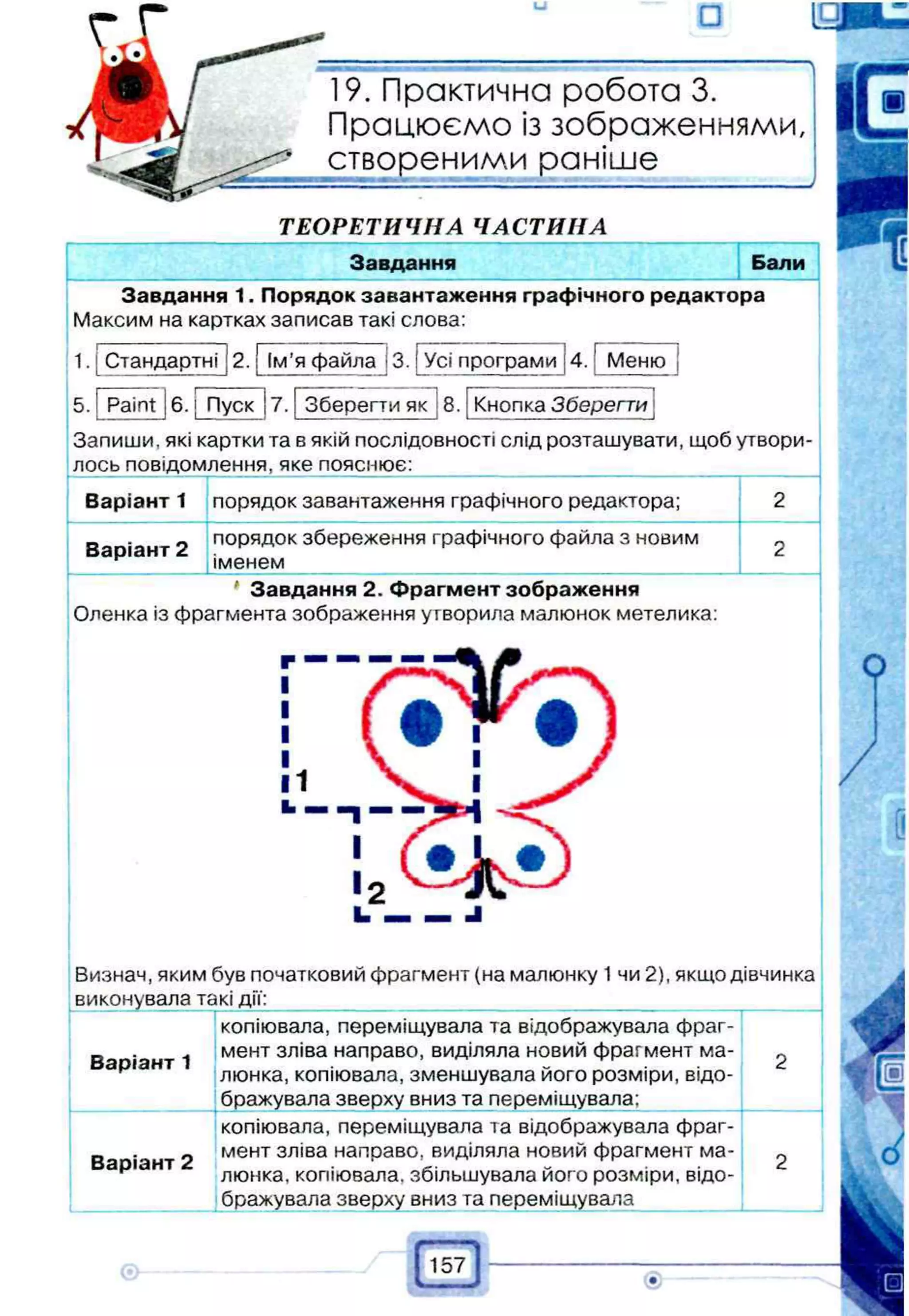 □
19. Практична робота 3.
Працюємо із зображеннями,
створеними раніше
ТЕОРЕТИЧНА ЧАСТИНА
Завдання Бали
Завдання 1. Порядок завантаження графічного редактора
Максим на картках записав такі слова:
Стандартні 2. Ім’я файла ІЗ. Усі програми 4. Меню
Paint 6. Пуск 7. Зберегти як 8. Кнопка Зберегти
Запиши, які картки та в якій послідовності слід розташувати, щоб утвори­
лось повідомлення, яке пояснює:__________________________
Варіант 1
------ -----
порядок завантаження графічного редактора; 2
Варіант 2
порядок збереження графічного файла з новим
іменем
2
' Завдання 2. Фрагмент зображення
Оленка із фрагмента зображення утворила малюнок метелика:
І
І
І
І
11
ь .
Визнач, яким був початковий фрагмент (на малюнку 1чи 2), якщо дівчинка
виконувала такі д іік__________ _
Варіант 1
копіювала, переміщувала та відображувала фраг­
мент зліва направо, виділяла новий фрагмент ма­
люнка, копіювала, зменшувала його розміри, відо­
бражувала зверху вниз та переміщувала:
2
"
Варіант 2
копіювала, переміщувала та відображувала фраг­
мент зліва направо, виділяла новий фрагмент ма­
люнка. копіювала, збільшувала його розміри, відо­
бражувала зверху вниз та переміщувала
2
-
 