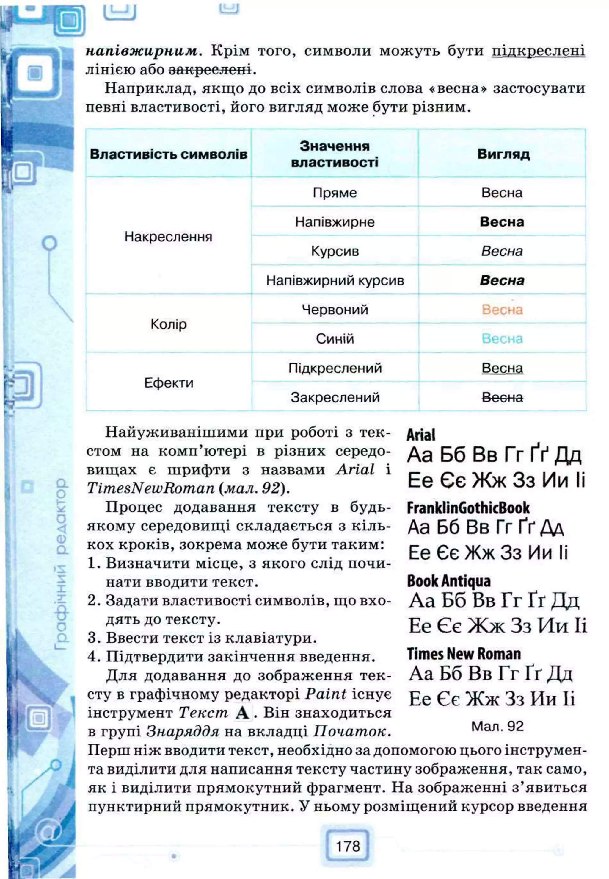 напівжирним. Крім того, символи можуть бути підкреслені
лінією або эакреелені.
Наприклад, якщо до всіх символів слова «весна» застосувати
певні властивості, його вигляд може бути різним.
Властивість символів
Значення
властивості
Вигляд
Пряме Весна
Накреслення
Напівжирне Весна
Курсив Весна
Напівжирний курсив Весна
Колір
Червоний Весна
Синій Весна
Ефекти
Підкреслений Весна
Закреслений Весна
Найуживанішими при роботі з тек­
стом на комп’ютері в різних середо­
вищах є шрифти з назвами Агіаі і
TimesNewRoman (мал. 92).
Процес додавання тексту в будь-
якому середовищі складається з кіль­
кох кроків, зокрема може бути таким:
1. Визначити місце, з якого слід почи­
нати вводити текст.
2. Задати властивості символів, що вхо­
дять до тексту.
3. Ввести текст із клавіатури.
4. Підтвердити закінчення введення.
Для додавання до зображення тек­
сту в графічному редакторі Paint існує
інструмент Текст А . Він знаходиться
АгіаІ
Аа Бб Вв Гг Ґґ Дд
Ее Єє Жж Зз Ии Іі
FranklinGothicBook
Аа Б6 Вв Гг Ґґ Дд
Ее Єє Жж Зз Ии Іі
BookAntiqua
Аа Бб Вв Гг Ґ ґ Дд
Ее Єє Жж Зз Ии Іі
TimesNewRoman
Аа Бб Вв Гг Ґґ Дд
Ее Єє Жж Зз Ии Іі
Мал. 92
в групі Знаряддя на вкладці Початок.
Перш ніж вводити текст, необхідно за допомогою цього інструмен­
та виділити для написання тексту частину зображення, так само,
як і виділити прямокутний фрагмент. На зображенні з’явиться
пунктирний прямокутник. У ньому розміщений курсор введення
178
 