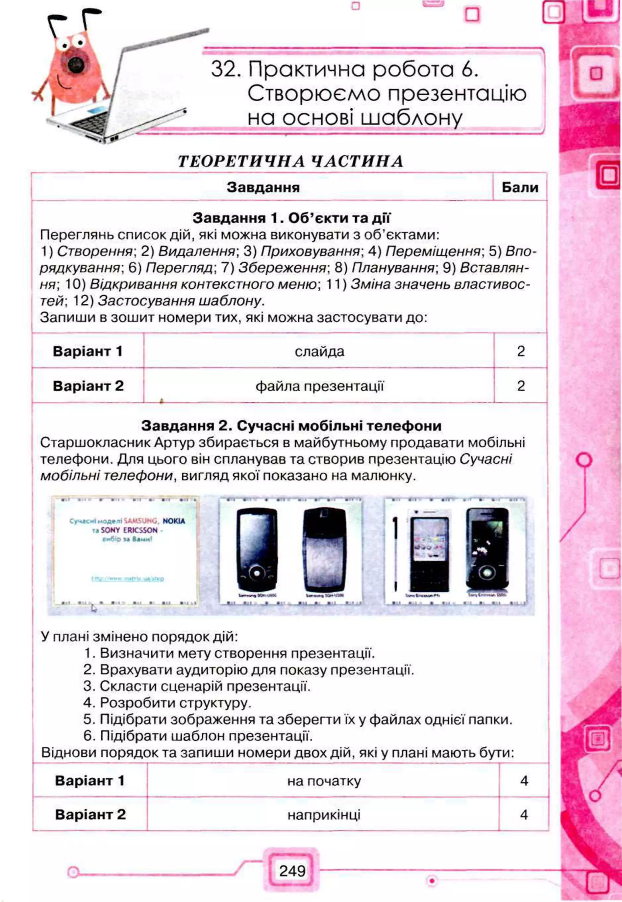 □ ш
— I
Практична робота 6.
Створюємо презентацію
на основі шаблону
Т Е О Р Е Т И Ч Н А Ч А С Т И Н А
Завдання Бали
Завдання 1. Об’єкти та дії
Переглянь список дій, які можна виконувати з об’єктами:
1) Створення; 2) Видалення; 3) Приховування; 4) Переміщення; 5) Впо­
рядкування; 6) Перегляд; 7) Збереження; 8) Планування; 9) Вставлян­
ня; 10) Відкривання контекстного меню; 11) Зміна значень властивос­
тей: 12) Застосування шаблону.
Запиши в зошит номери тих, які можна застосувати до:
Варіант 1 слайда 2
Варіант 2 файла презентації
— •--------------------------------------------------------------------------------------------------------------------------------------------------------------------
2
Завдання 2. Сучасні мобільні телефони
Старшокласник Артур збирається в майбутньому продавати мобільні
телефони. Для цього він спланував та створив презентацію Сучасні
мобільні телефони, вигляд якої показано на малюнку.
У плані змінено порядок дій:
1. Визначити мету створення презентації.
2. Врахувати аудиторію для показу презентації.
3. Скласти сценарій презентації.
4. Розробити структуру.
5. Підібрати зображення та зберегти їх у файлах однієї папки.
6. Підібрати шаблон презентації.
Віднови порядок та запиши номери двох дій, які у плані мають бути:
Варіант 1 на початку 4
Варіант 2 наприкінці 4
249
 