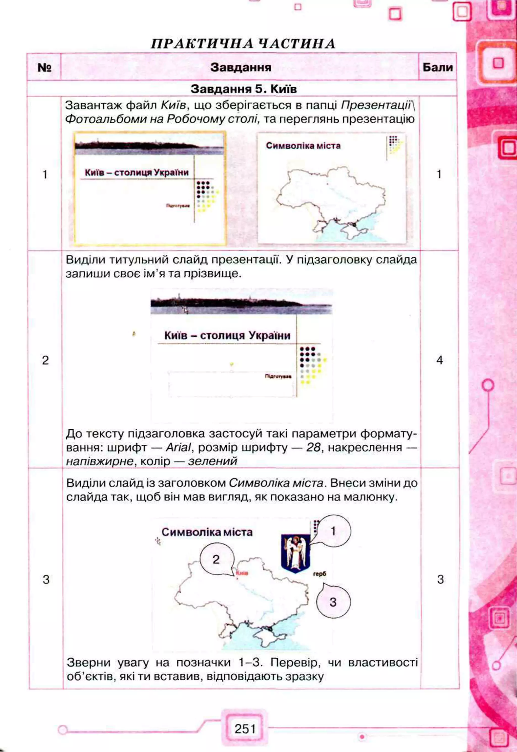 П Р А К Т И Ч Н А Ч А С Т И Н А
№ Завдання Бали
Завдання 5. Київ
Завантаж файл Київ, що зберігається в папці Презентації
Фотоальбоми на Робочому столі, та переглянь презентацію
1 Київ - столиця України г " - ---- Ц 1
г
Виділи титульний слайд презентації. У підзаголовку слайда
запиши своє ім’я та прізвище.
Київ - столиця України
•••
•••
••
До тексту підзаголовка застосуй такі параметри формату­
вання: шрифт — АгіаІ, розмір шрифту — 28, накреслення —
напівжирне, колір — зелений
Виділи слайд із заголовком Символіка міста. Внеси зміни до
слайда так, щоб він мав вигляд, як показано на малюнку.
Зверни увагу на позначки 1-3. Перевір, чи властивості
об’єктів, які ти вставив, відповідають зразку
 