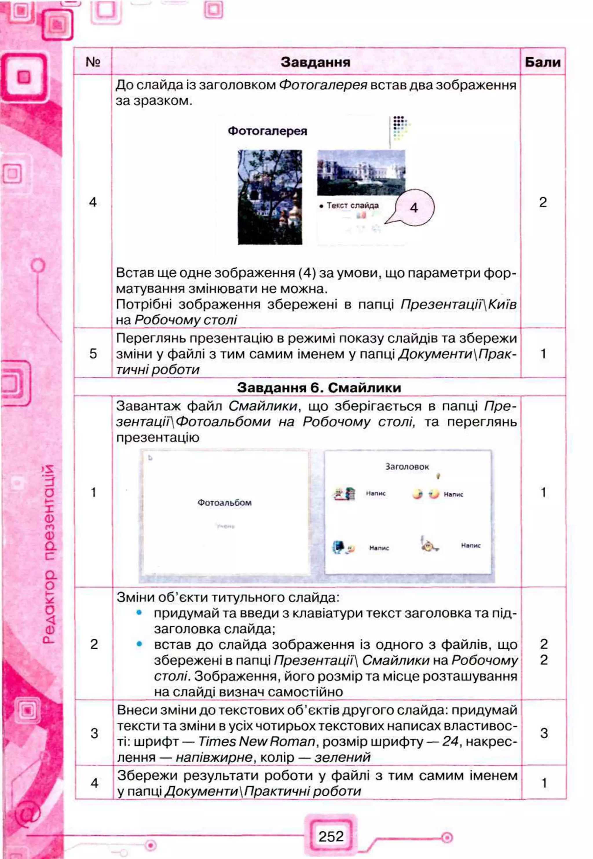 № Завдання Бали
4
До слайда із заголовком Фотогалерея встав два зображення
за зразком.
Фотогалерея
j S j j B
• Текст слайда ( 4 
Встав ще одне зображення (4) за умови, що параметри фор­
матування змінювати не можна.
Потрібні зображення збережені в папці ПрезентаціїКиїв
на Робочому столі
2
5
Переглянь презентацію в режимі показу слайдів та збережи
зміни у файлі з тим самим іменем у папці ДокументиПрак-
тичні роботи
1
Завдання 6. Смайлики
1
Завантаж файл Смайлики, що зберігається в папці Пре-
зентаціїФотоальбоми на Робочому столі, та переглянь
презентацію
Заголовок
*
.З- ^ «.лис J t*/ Напж
Фотоальбом
IJfj, Напис н
*п
«
1
2
Зміни об’єкти титульного слайда:
• придумай та введи з клавіатури текст заголовка та під­
заголовка слайда;
• встав до слайда зображення із одного з файлів, що
збережені в папці Презентації} Смайлики на Робочому
столі. Зображення, його розмір та місце розташування
на слайді визнач самостійно
2
2
3
Внеси зміни до текстових об'єктів другого слайда: придумай
тексти та зміни в усіх чотирьох текстових написах властивос­
ті: шрифт — Times New Roman, розмір шрифту — 24, накрес­
лення — напівжирне, колір — зелений
3
4
Збережи результати роботи у файлі з тим самим іменем
у папці ДокументиПрактичні роботи
1
 