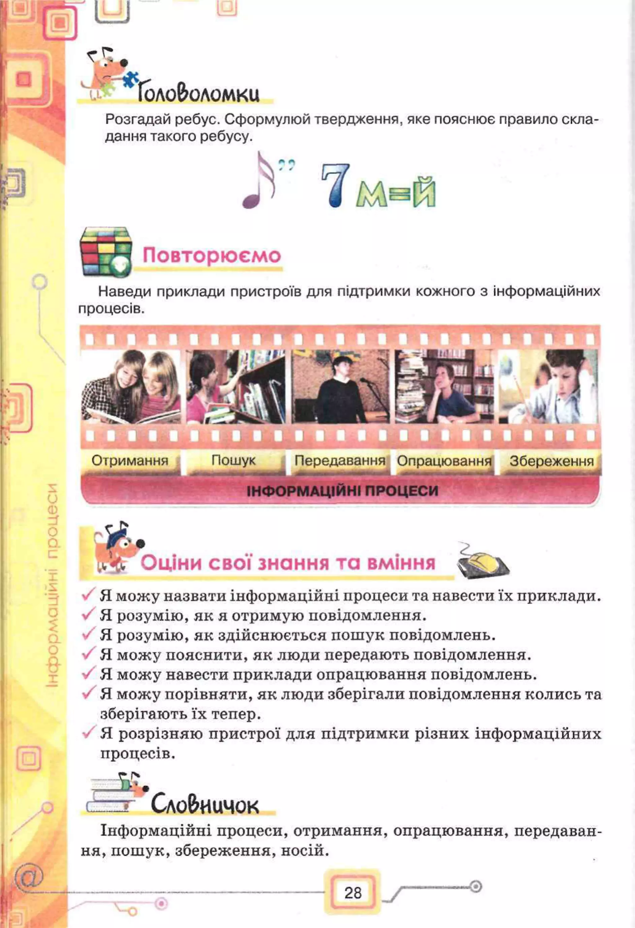 II
J
l y j и
г*
 * A
;
U ІОЛО&ОЛОМКи
Розгадай ребус. Сформулюй твердження, яке пояснює правило скла­
дання такого ребусу.
Ь ” ч
Повторюємо
Наведи приклади пристроїв для підтримки кожного з інформаційних
процесів.
О
Ф
О
О.
с
•5
'З
о
а
о
Я-
п
• £
Оціни свої знання та вміння
У Я можу назвати інформаційні процеси та навести їх приклади.
У Я розумію, як я отримую повідомлення.
У Я розумію, як здійснюється пошук повідомлень.
У Я можу пояснити, як люди передають повідомлення.
У Я можу навести приклади опрацювання повідомлень.
Я можу порівняти, як люди зберігали повідомлення колись та
зберігають їх тепер.
Я розрізняю пристрої для підтримки різних інформаційних
процесів.
с Сло&иичок
Інформаційні процеси, отримання, опрацювання, передаван­
ня, пошук, збереження, носій.
'“О
28 І / "
-Ѳ
Отримання Пошук Передавання Опрацювання Збереження
ІНФОРМАЦІЙНІ ПРОЦЕСИ
 