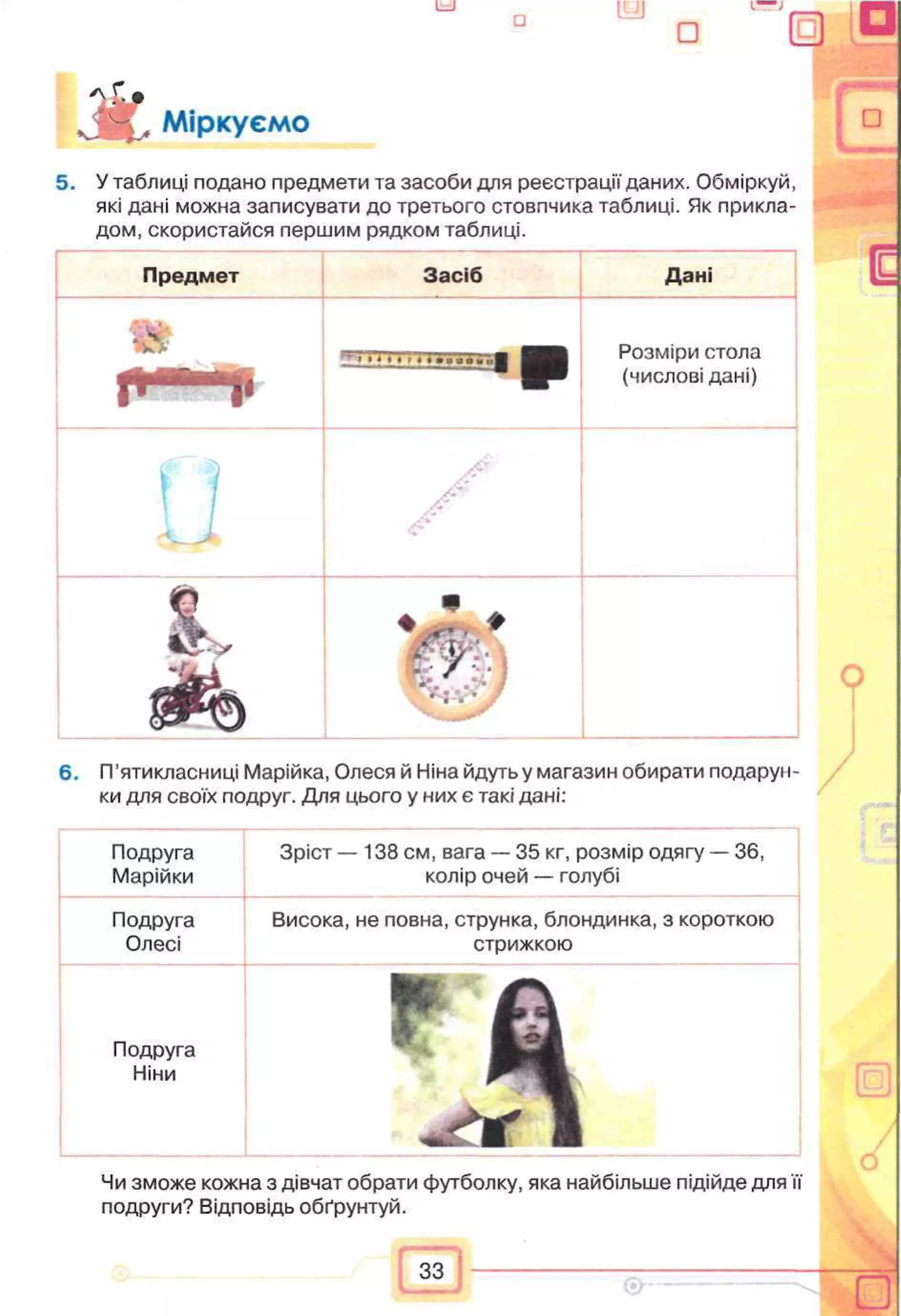 ж Міркуємо
5. У таблиці подано предмети та засоби для реєстрації даних. Обміркуй,
які дані можна записувати до третього стовпчика таблиці. Як прикла­
дом, скористайся першим рядком таблиці.
6. П’ятикласниці Марійка, Олеся й Ніна йдуть у магазин обирати подарун­
ки для своїх подруг. Для цього у них є такі дані:
Подруга
Марійки
Подруга
Олесі
Подруга
Ніни
Зріст — 138 см, вага — 35 кг, розмір одягу — 36,
колір очей — голубі
Висока, не повна, струнка, блондинка, з короткою
стрижкою
Чи зможе кожна з дівчат обрати футболку, яка найбільше підійде для її
подруги? Відповідь обґрунтуй.
 