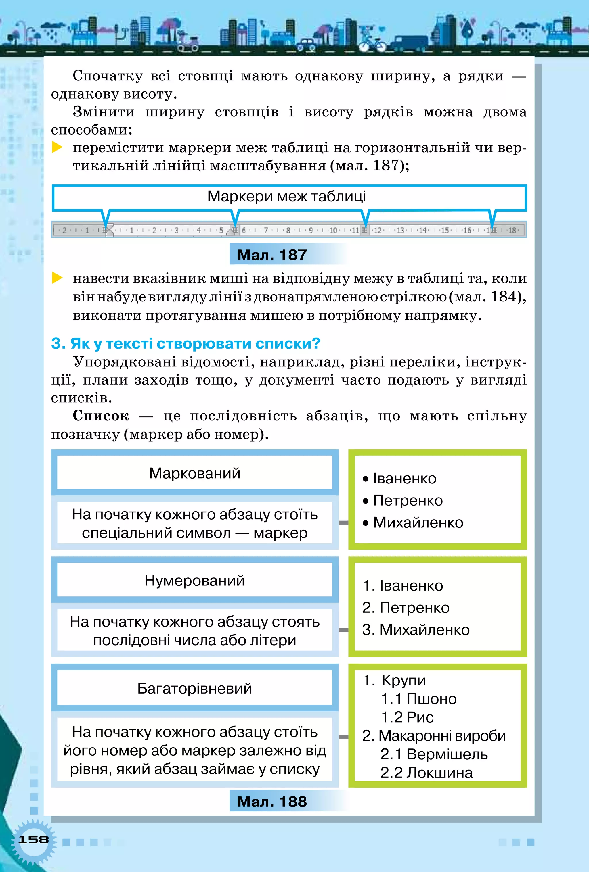 158
Спочатку всі стовпці мають однакову ширину, а рядки —
однакову висоту.
Змінити ширину стовпців і висоту рядків можна двома
способами:
	 перемістити маркери меж таблиці на горизонтальній чи вер-
тикальній лінійці масштабування (мал. 187);
Маркери меж таблиці
Мал. 187
	 навести вказівник миші на відповідну межу в таблиці та, коли
віннабудевиглядулініїздвонапрямленоюстрілкою(мал. 184),
виконати протягування мишею в потрібному напрямку.
3. Як у тексті створювати списки?
Упорядковані відомості, наприклад, різні переліки, інструк-
ції, плани заходів тощо, у документі часто подають у вигляді
списків.
Список — це послідовність абзаців, що мають спільну
позначку (маркер або номер).
Маркований
На початку кожного абзацу стоїть 	
спеціальний символ — маркер
• Іваненко
• Петренко
• Михайленко
Нумерований
На початку кожного абзацу стоять 	
послідовні числа або літери
1. Іваненко
2. Петренко
3. Михайленко
Багаторівневий
На початку кожного абзацу стоїть 	
його номер або маркер залежно від
рівня, який абзац займає у списку
1.  Крупи
1.1 Пшоно
1.2 Рис
2. Макаронні вироби
2.1 Вермішель
2.2 Локшина
Мал. 188
 